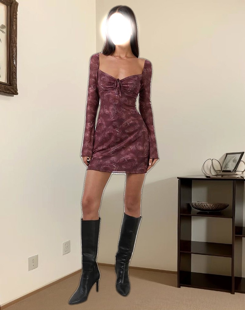 Modena Long Sleeve Mini Dress in Tonal Paisley Plum