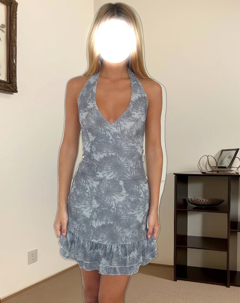 Yoriko Halter Mini Dress in Lurex Silver Blue