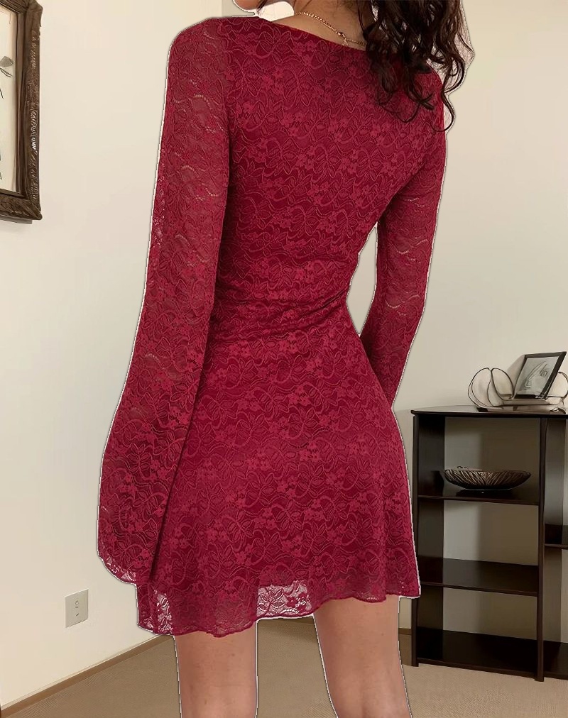 Sevila Long Sleeve Mini Dress in Deep Red Lace