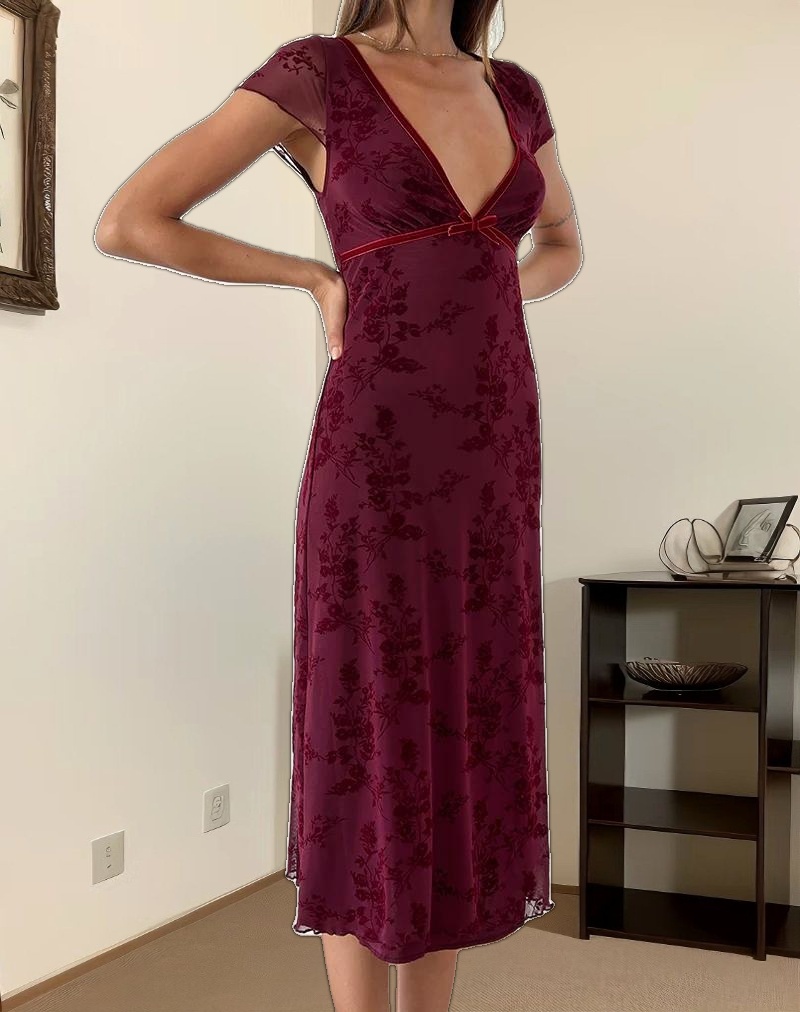 Vilinia Midi Dress in Botanical Flower Maroon