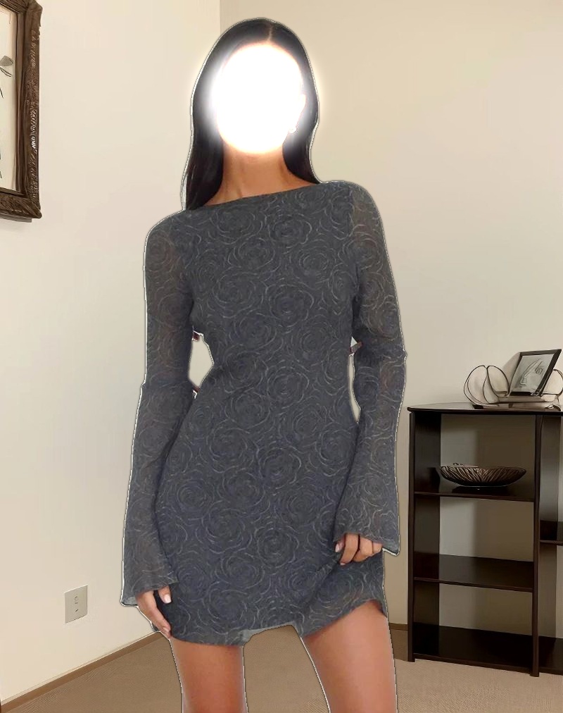 Sava Open Back Long Sleeve Mini Dress in Black Floral Chiffon