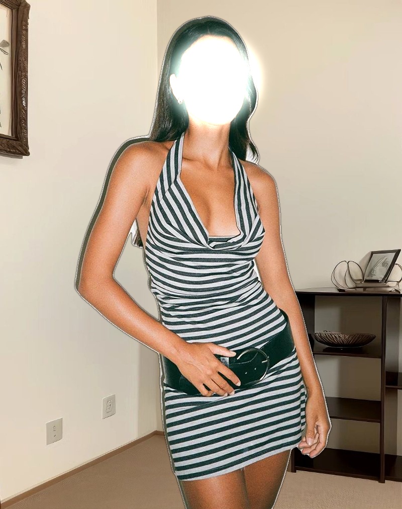 Pramita Halterneck Plunge Backless Mini Dress in Black and Grey Stripe