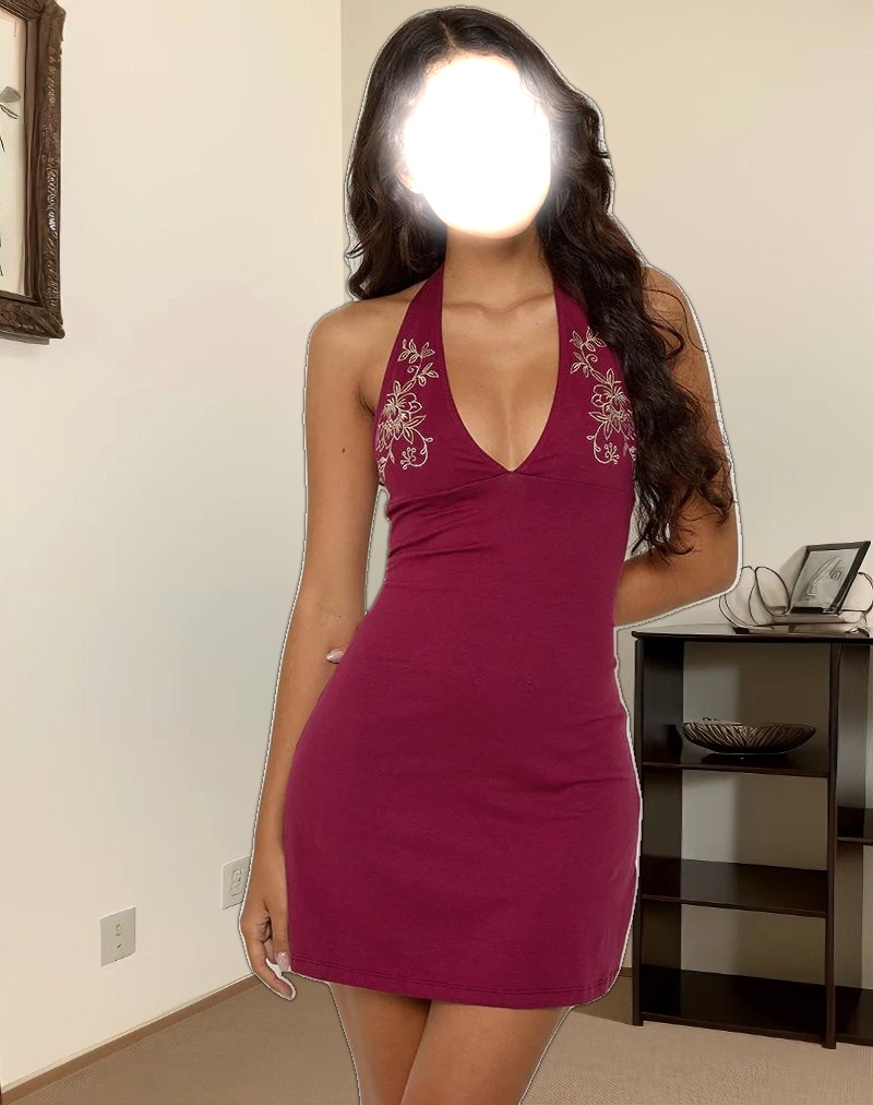 Hepzhi Mini Dress in Burgundy With Floral Embroidery