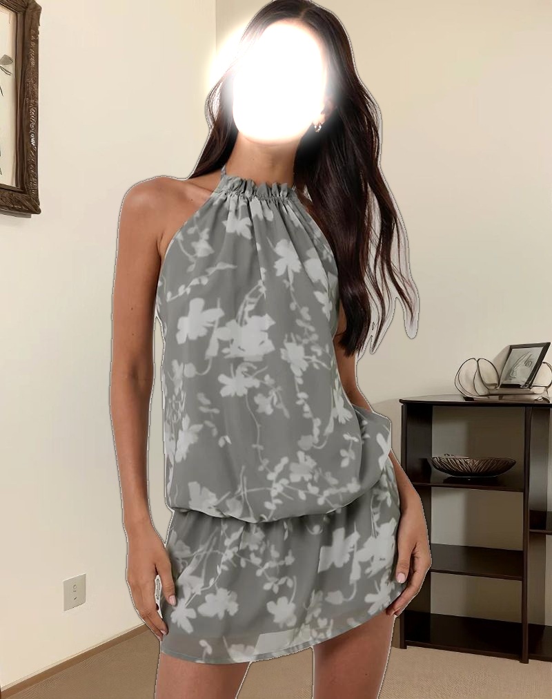 Veloria Mini Dress in Blurred Floral Grey