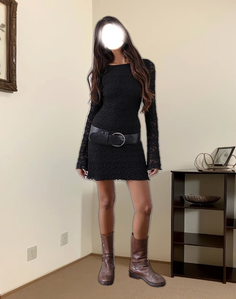 Sevila Long Sleeve Mini Dress in Bubble Black Lace