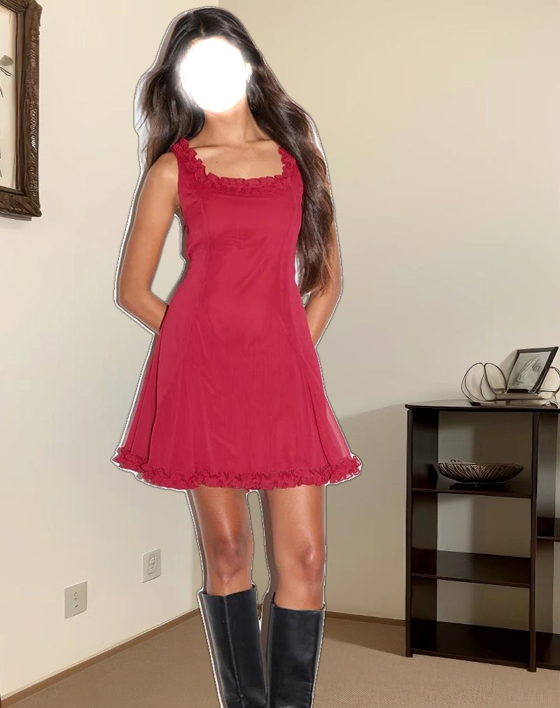 Fulvia Slip Mini Dress with Ruffles in Deep Red