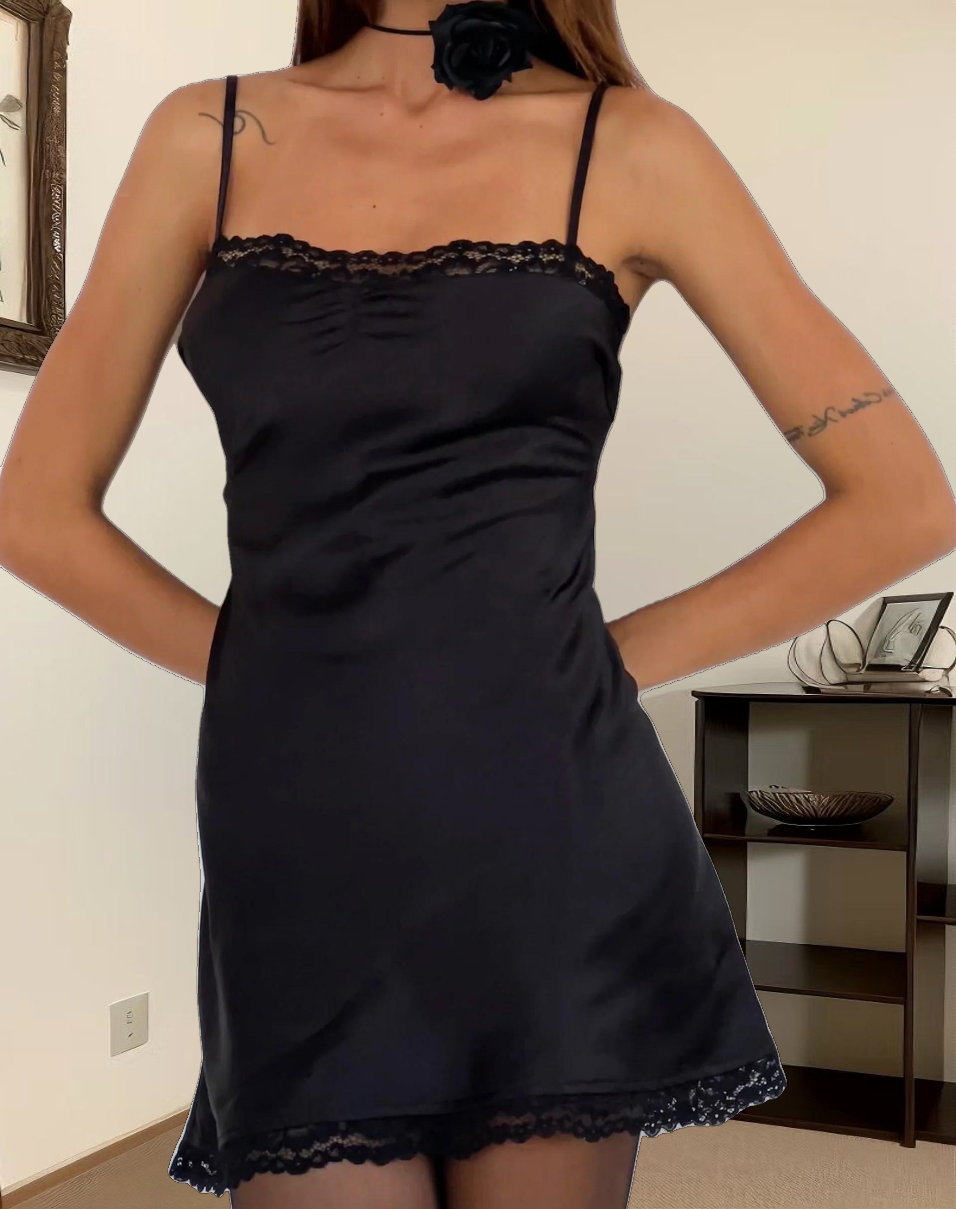 Larna Lace Trim Satin Mini Dress in Black