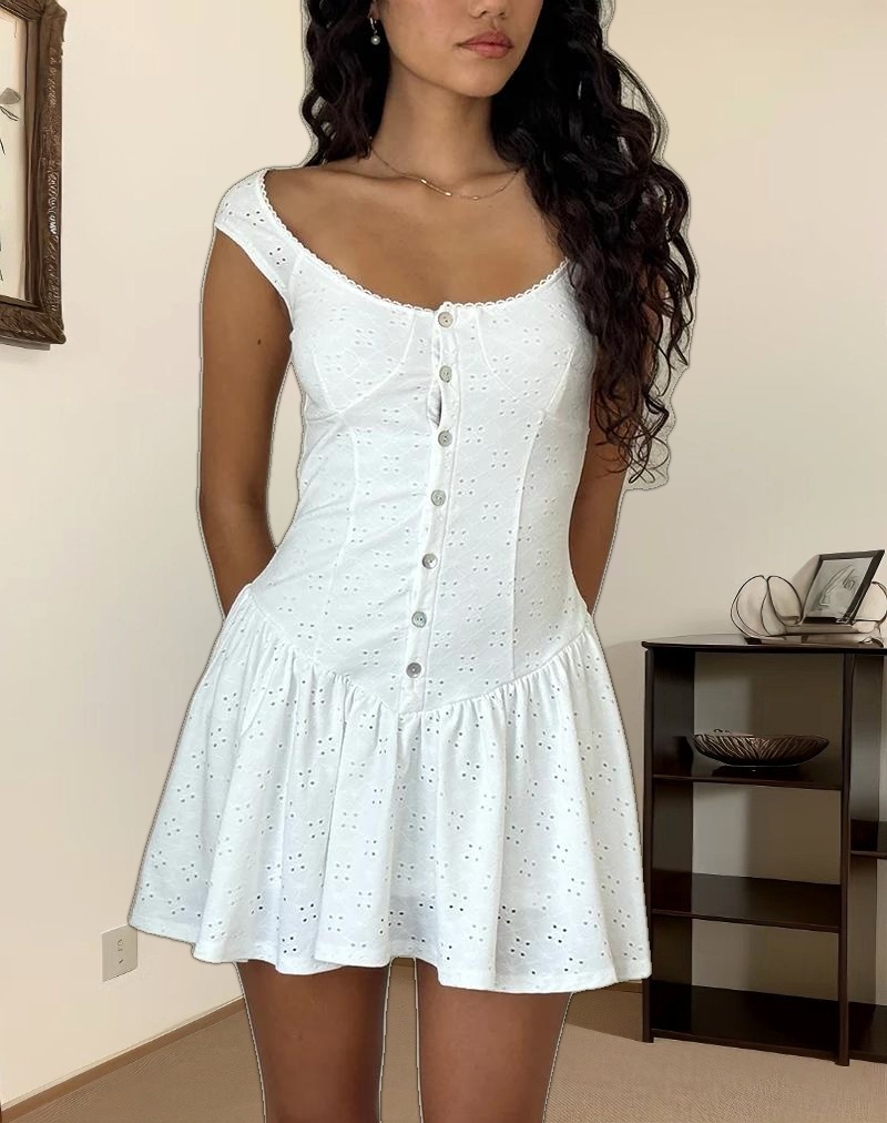 Misty Mini Tea Dress in Broderie White