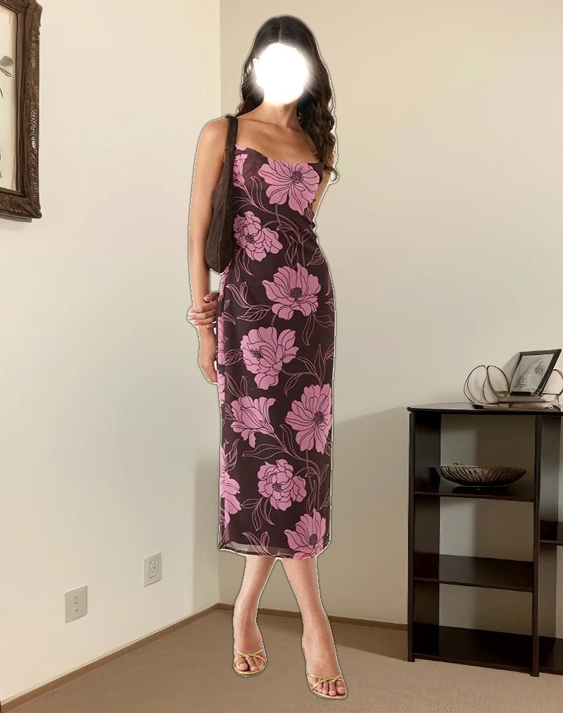 Rujira Cowl Midi Dress in Flare Floral Pink Brown