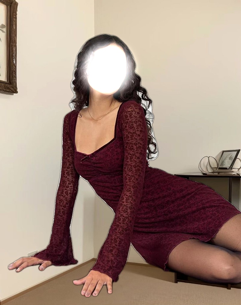 Luth Mini Dress in Ditsy Flocked Burnt Maroon