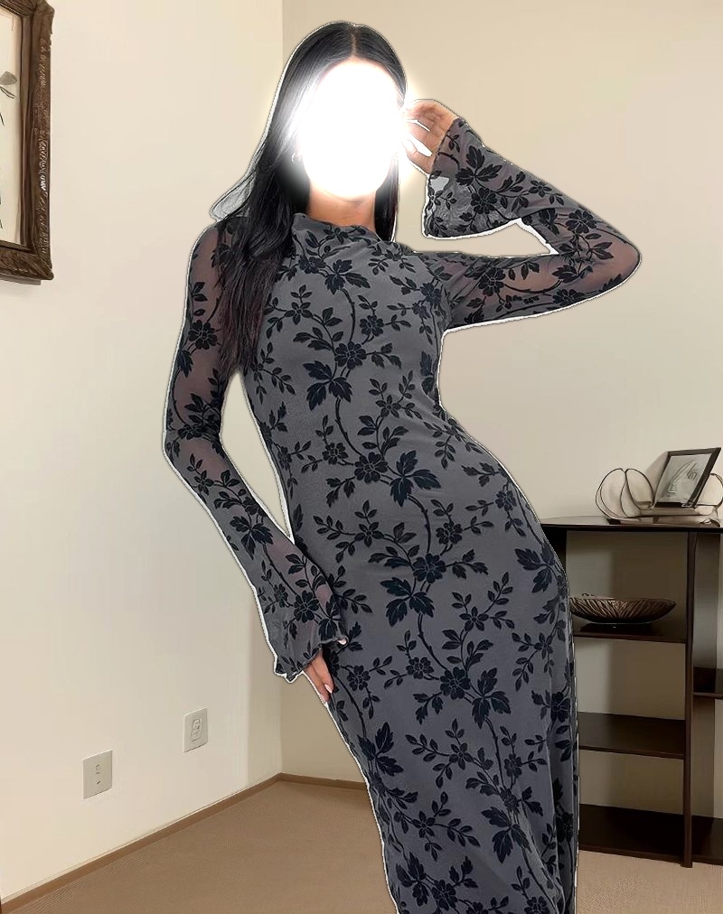 Slokya Long Sleeve Maxi Dress in Vine Floral Flock Ocean Storm