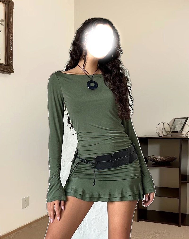 Gillian Long Sleeve Mini Dress in Slinky Khaki