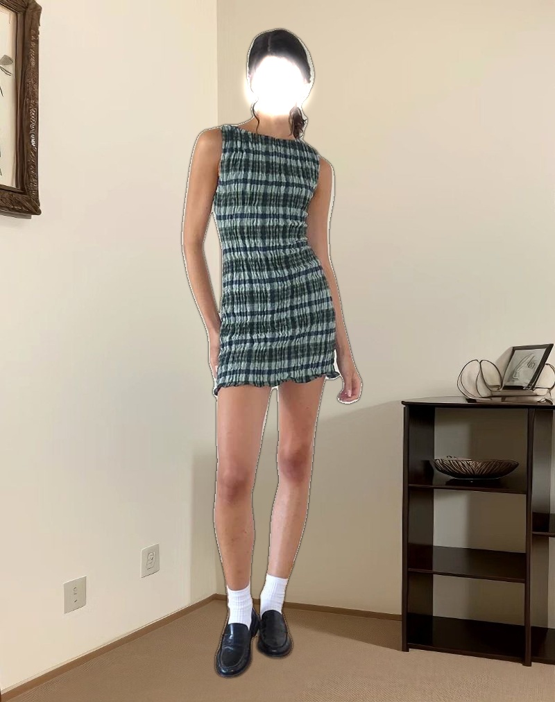 Takayi Mini Dress in Linen Mono Check Green