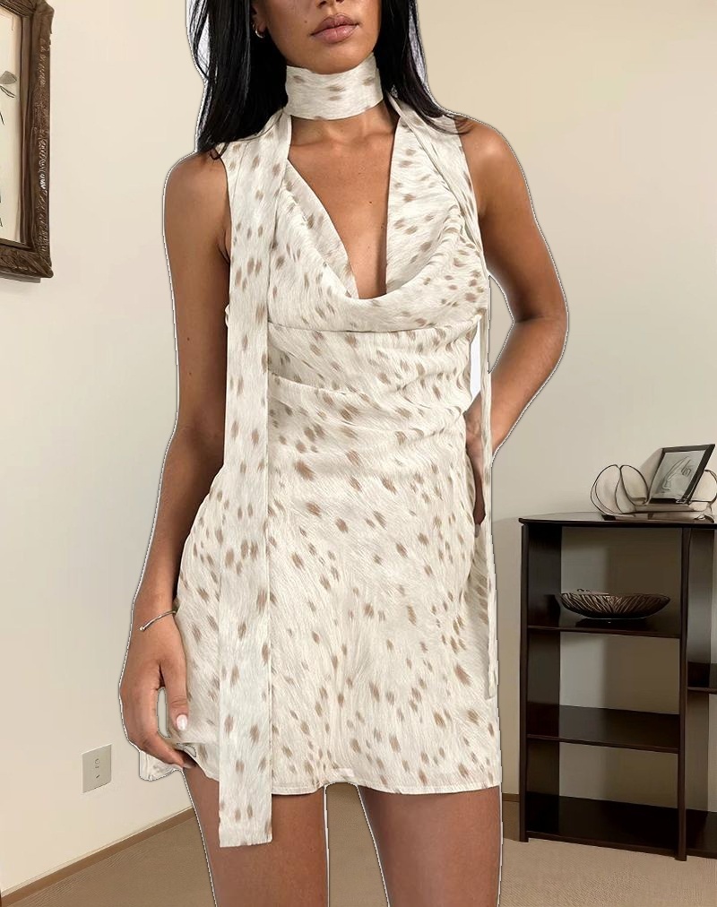 Jenat Mini Dress in Ivory Bambi Print with Scarf