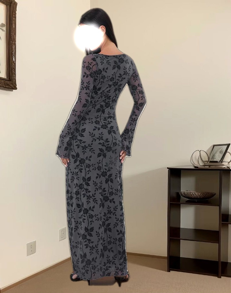 Slokya Long Sleeve Maxi Dress in Vine Floral Flock Ocean Storm