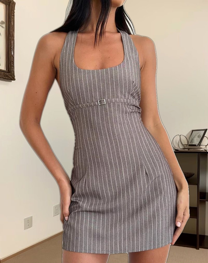Vellura Halterneck Mini Dress in Taupe Pinstripe