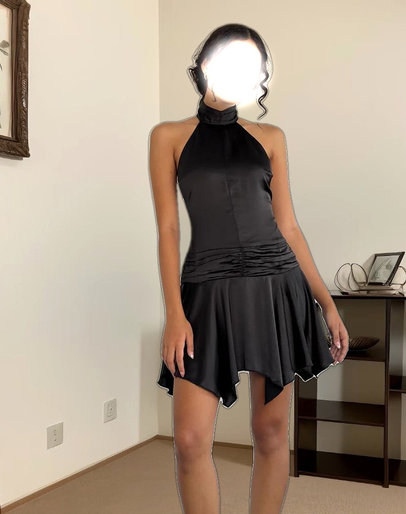 Hydri Satin Halterneck Mini Dress in Black