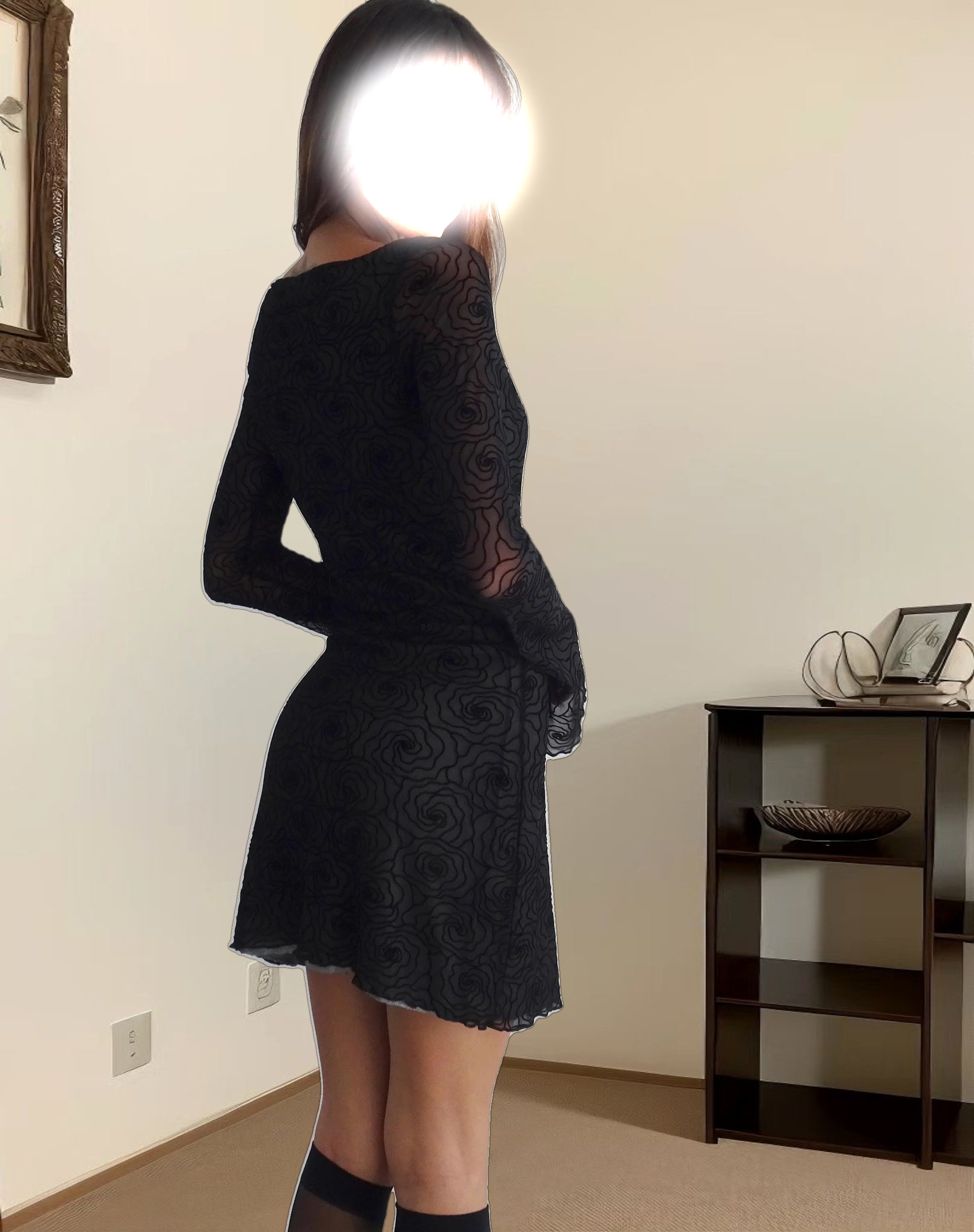 Sevila Long Sleeve Mini Dress in Mesh Black Abstract Flower Flock