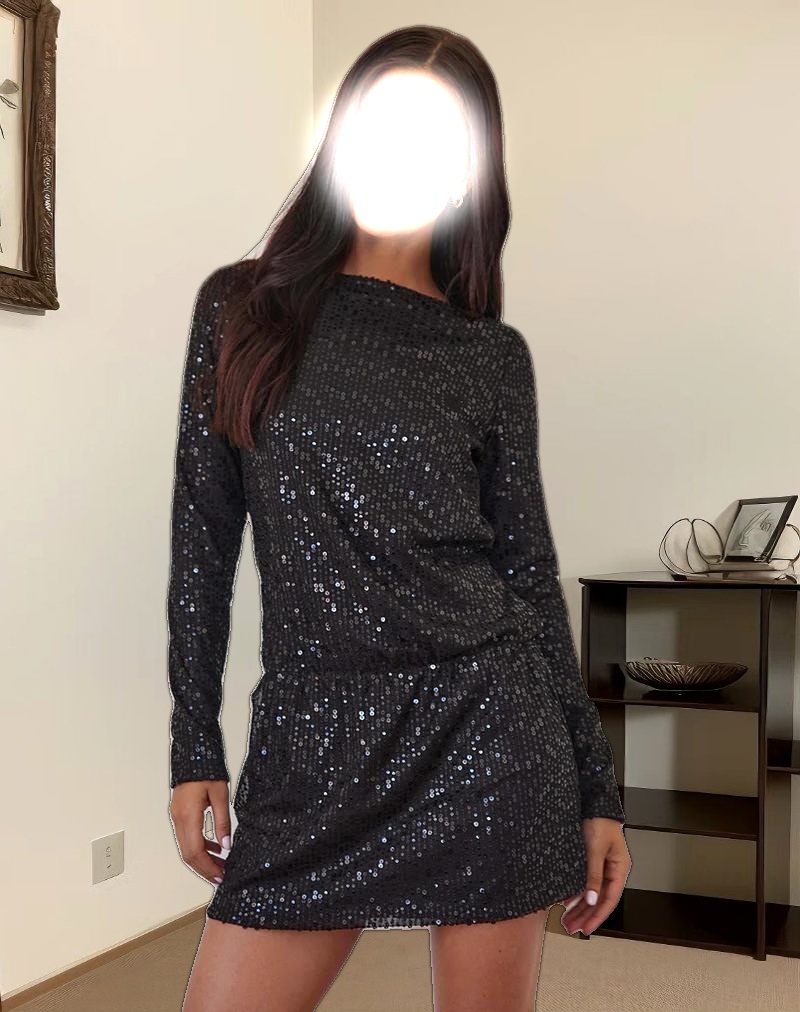 Jasilia Long Sleeve Mini Dress in Gauzy Sequin Black