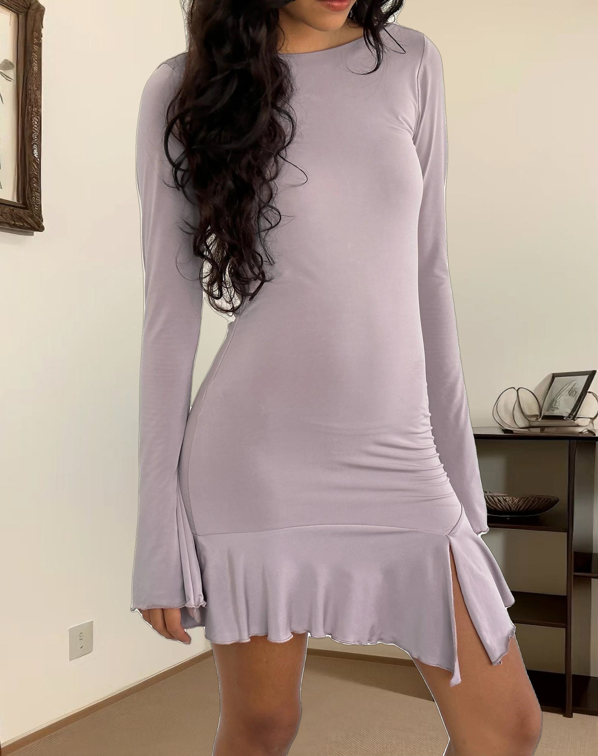 Arwen Backless Ruffle Mini Dress in Slinky Mauve