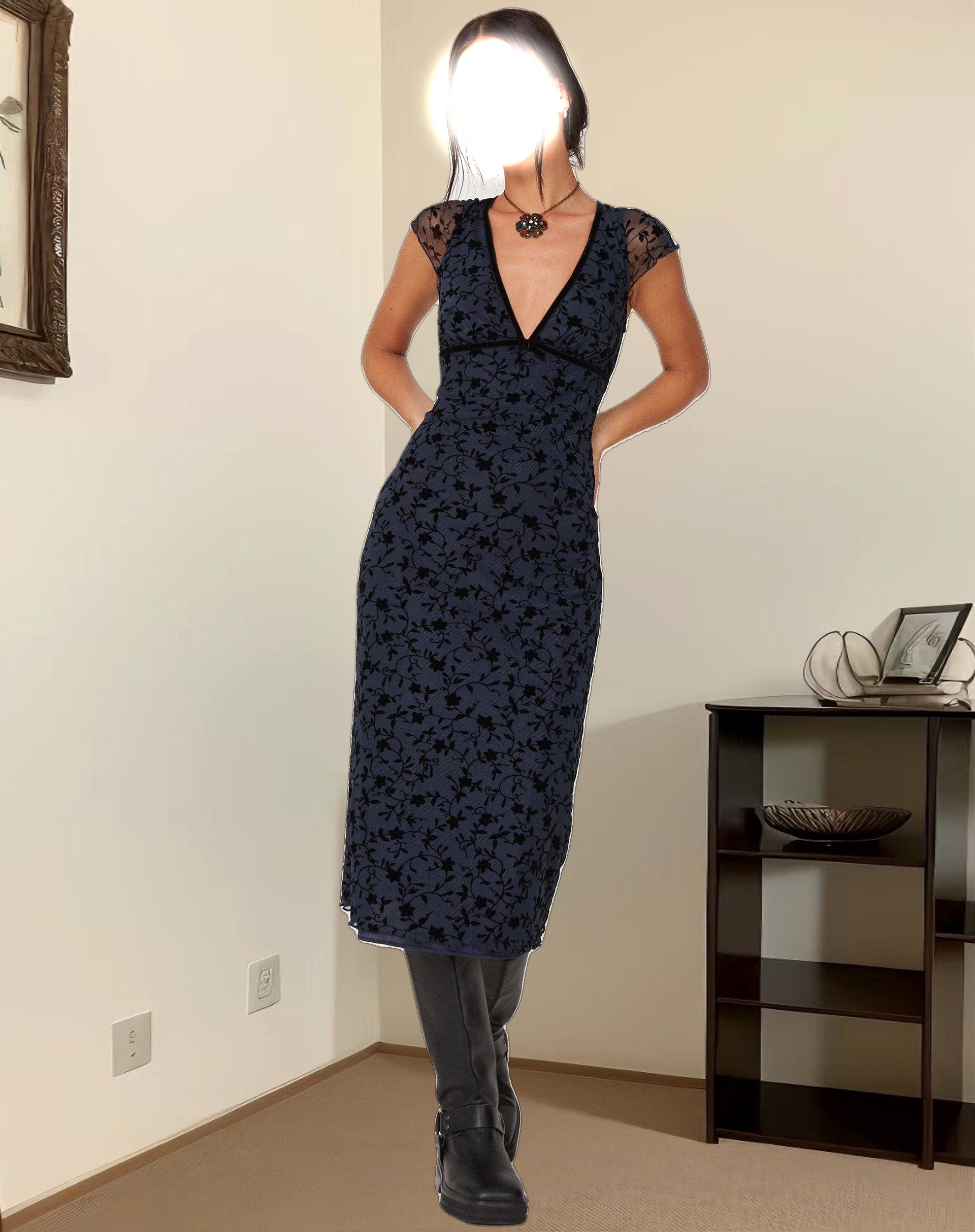 Vilinia Midi Dress in Pretty Petal Flock Black