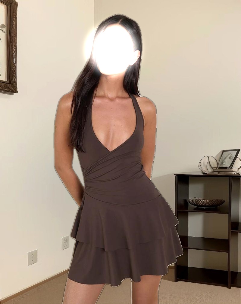 Semary Halterneck Wrap Mini Dress in Bitter Chocolate