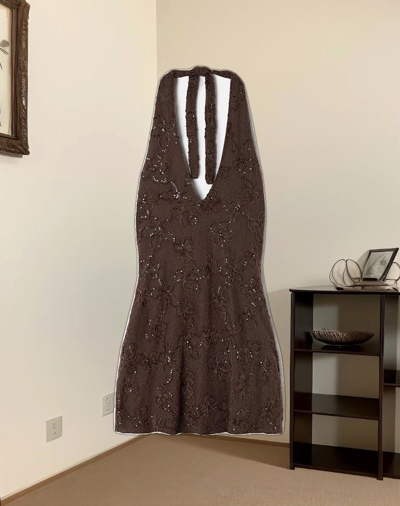 Codami Halterneck Mini Dress in Sequin Knit Dark Brown