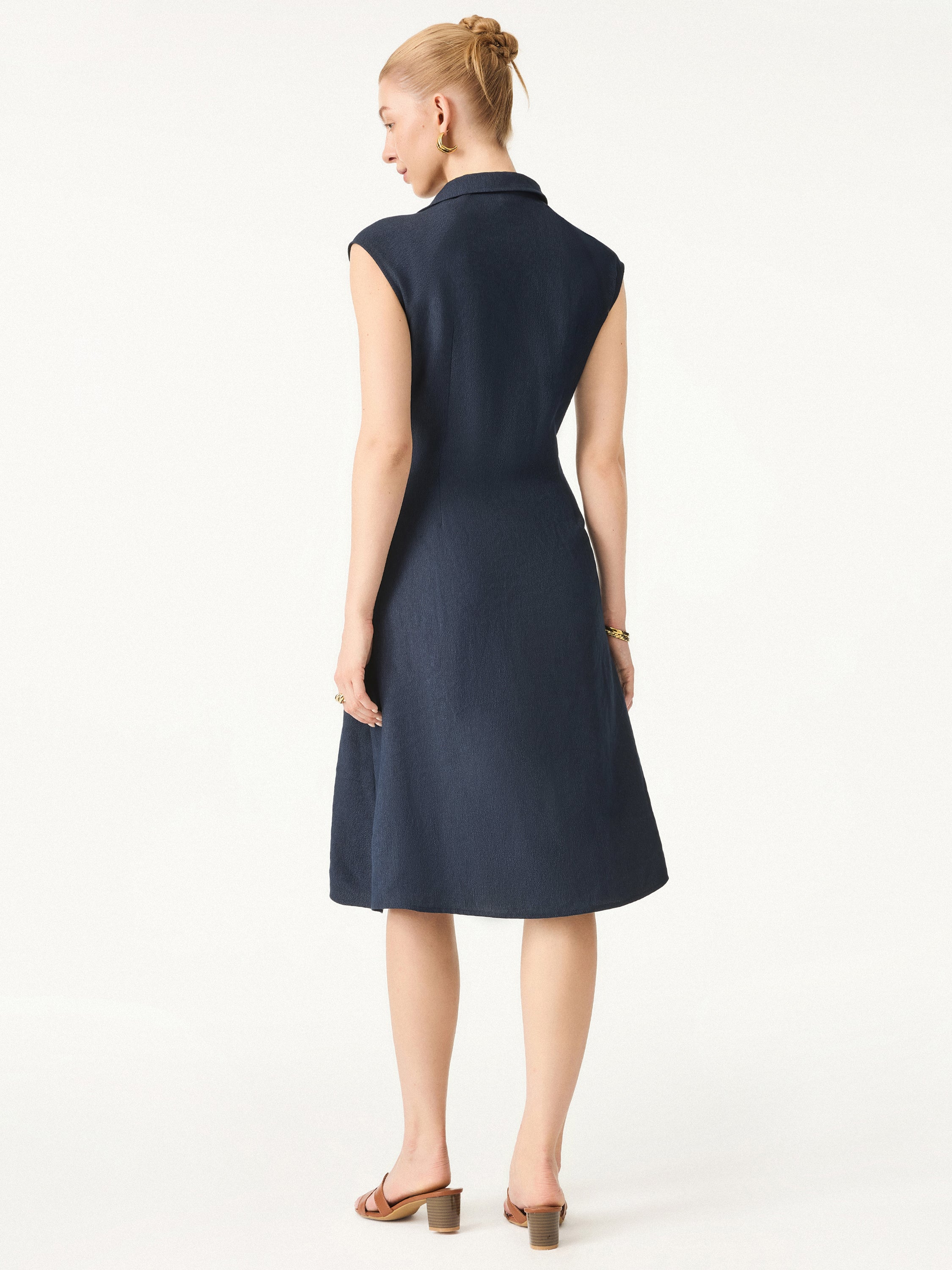Viscose-Linen Collared V-neck Midi Dress with Drawstring