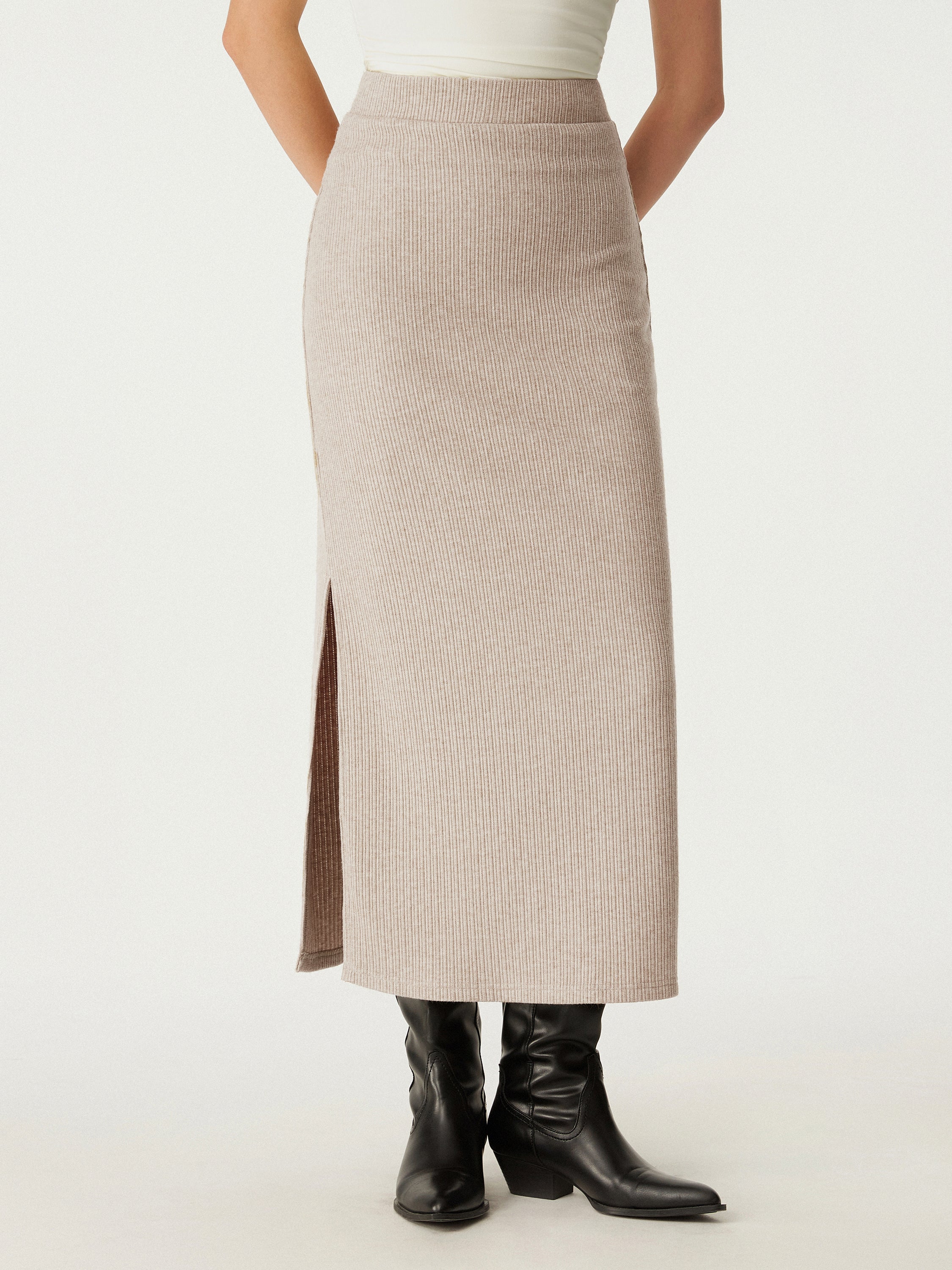 High-Waisted Split-Hem Mid-Length Skirt