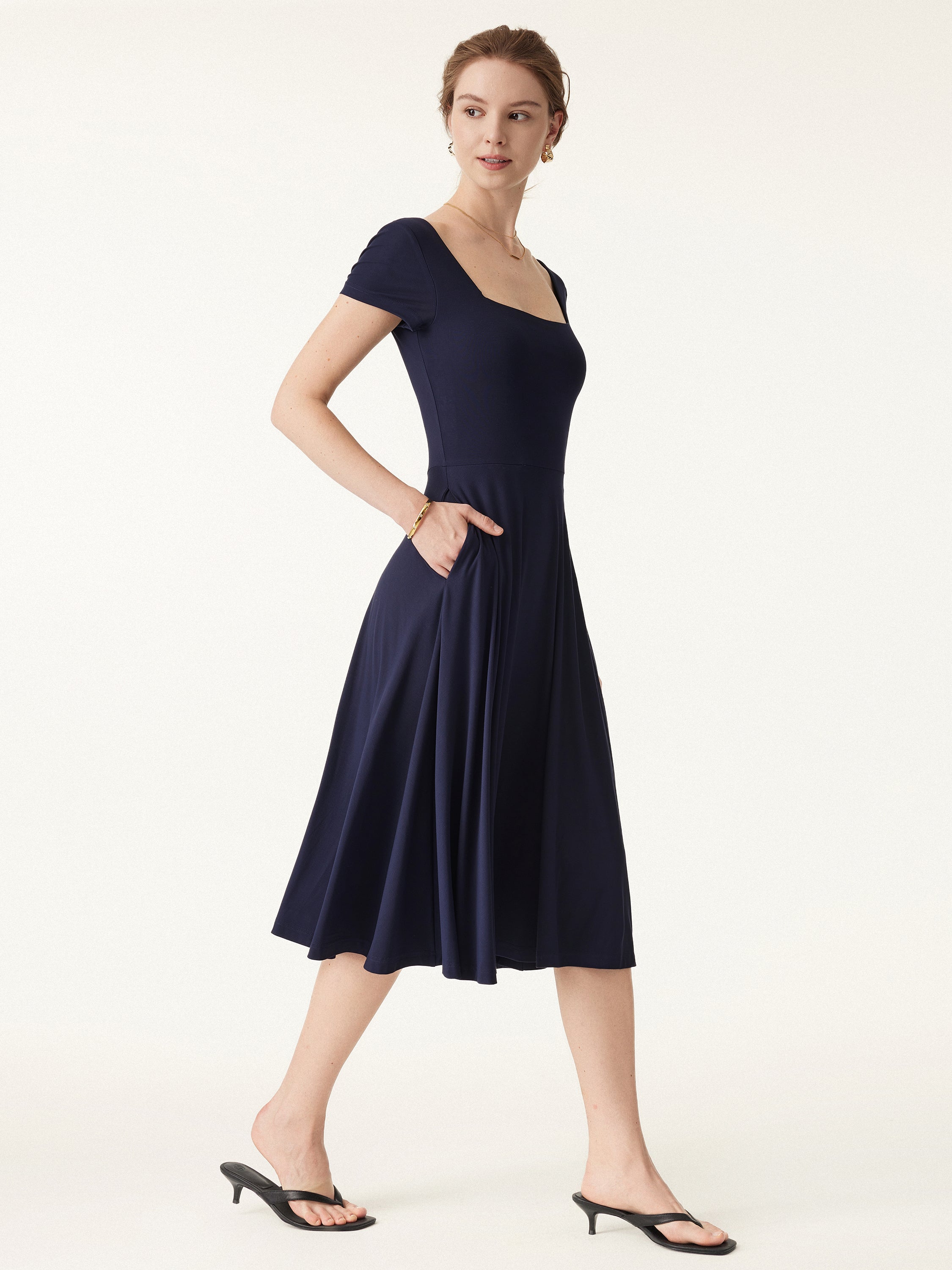 Flowy Square Neck Short Sleeve Midi Brami Dress