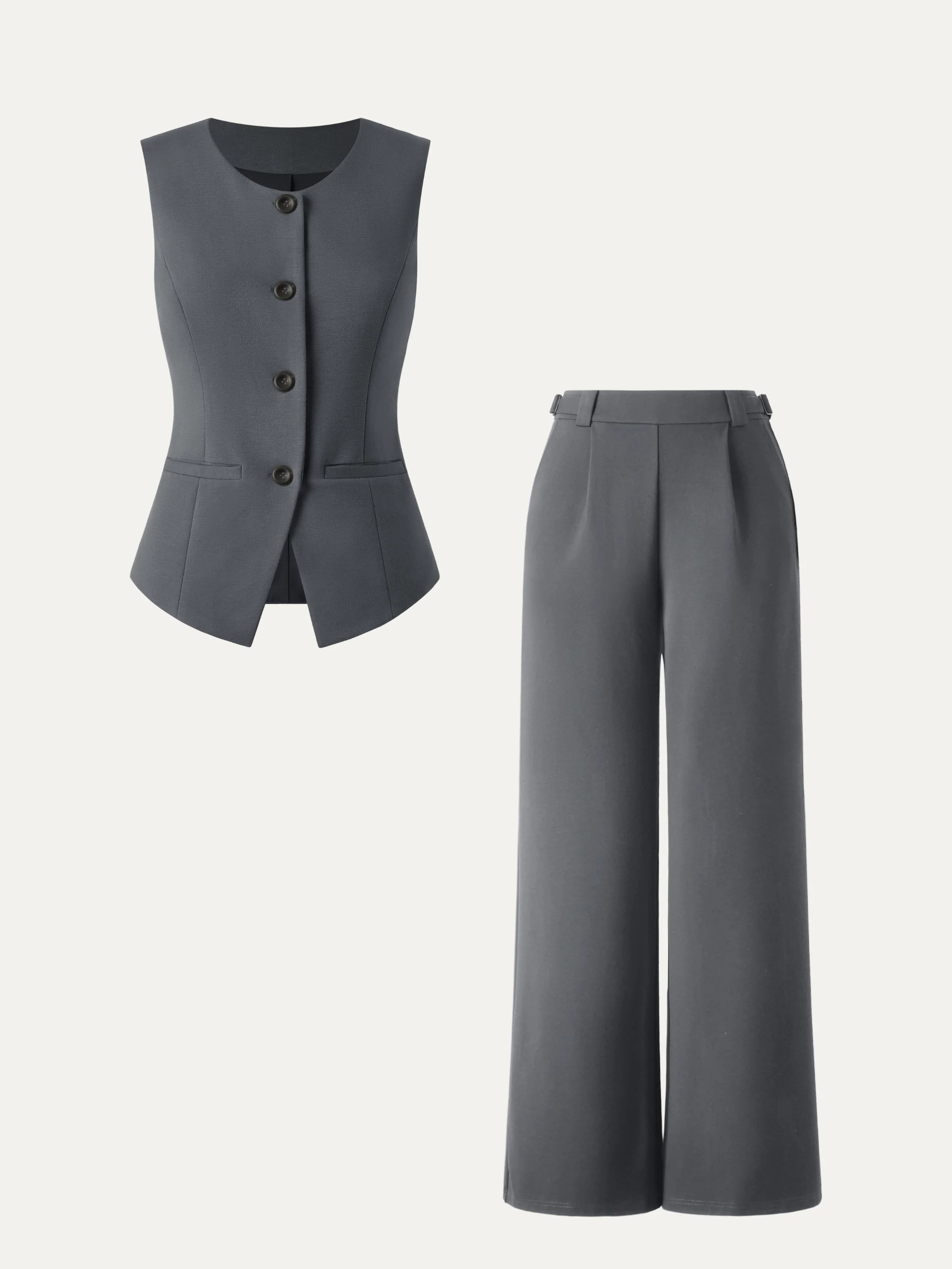 2Pcs Set Office Staple Waistcoat with Pockets & High Rise Pull-on Wide Leg Pant