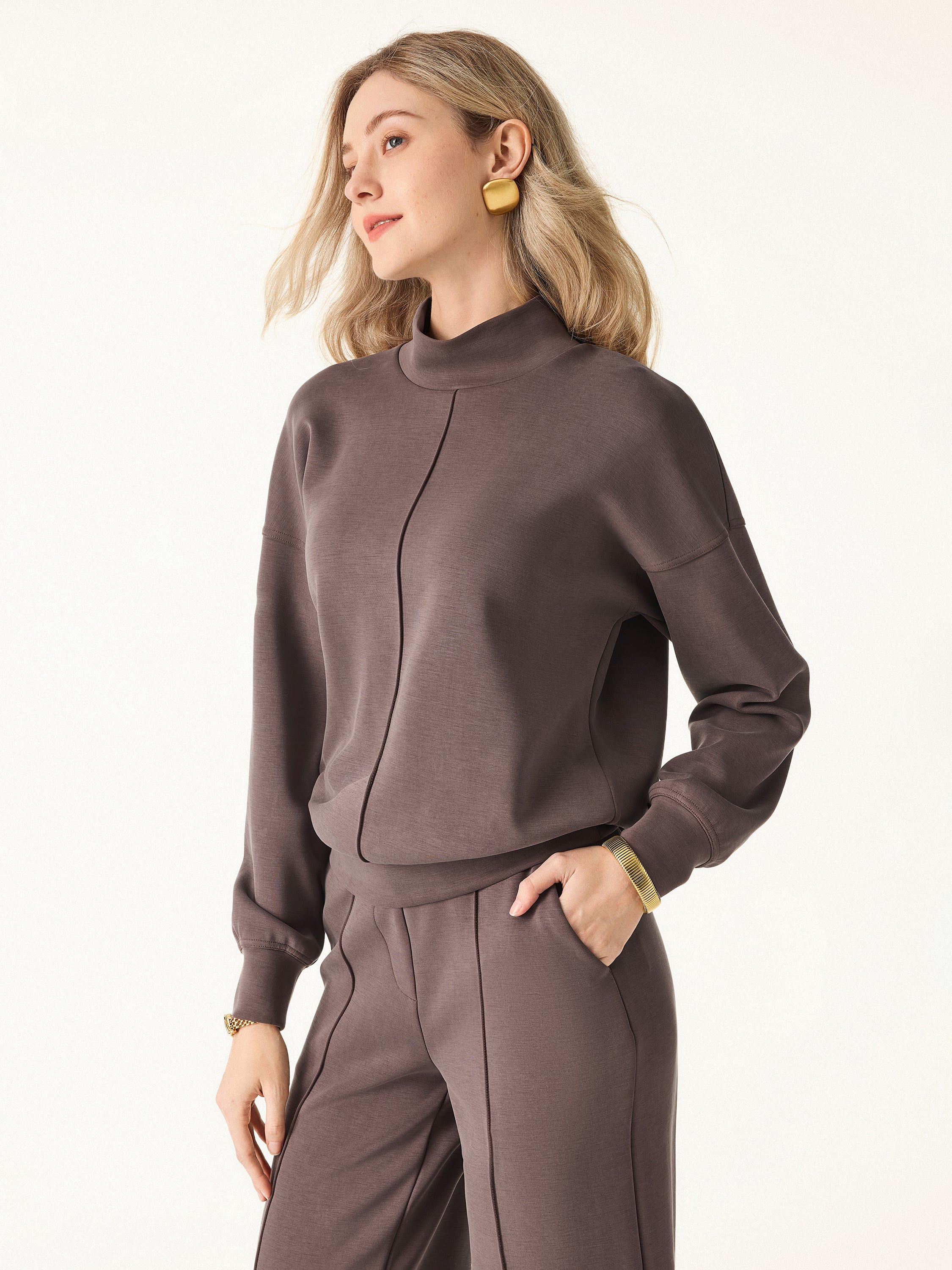 2-Piece Set: Mock Neck Pullover Shirt and Mid-Rise Straight-Leg Pants with Pockets
