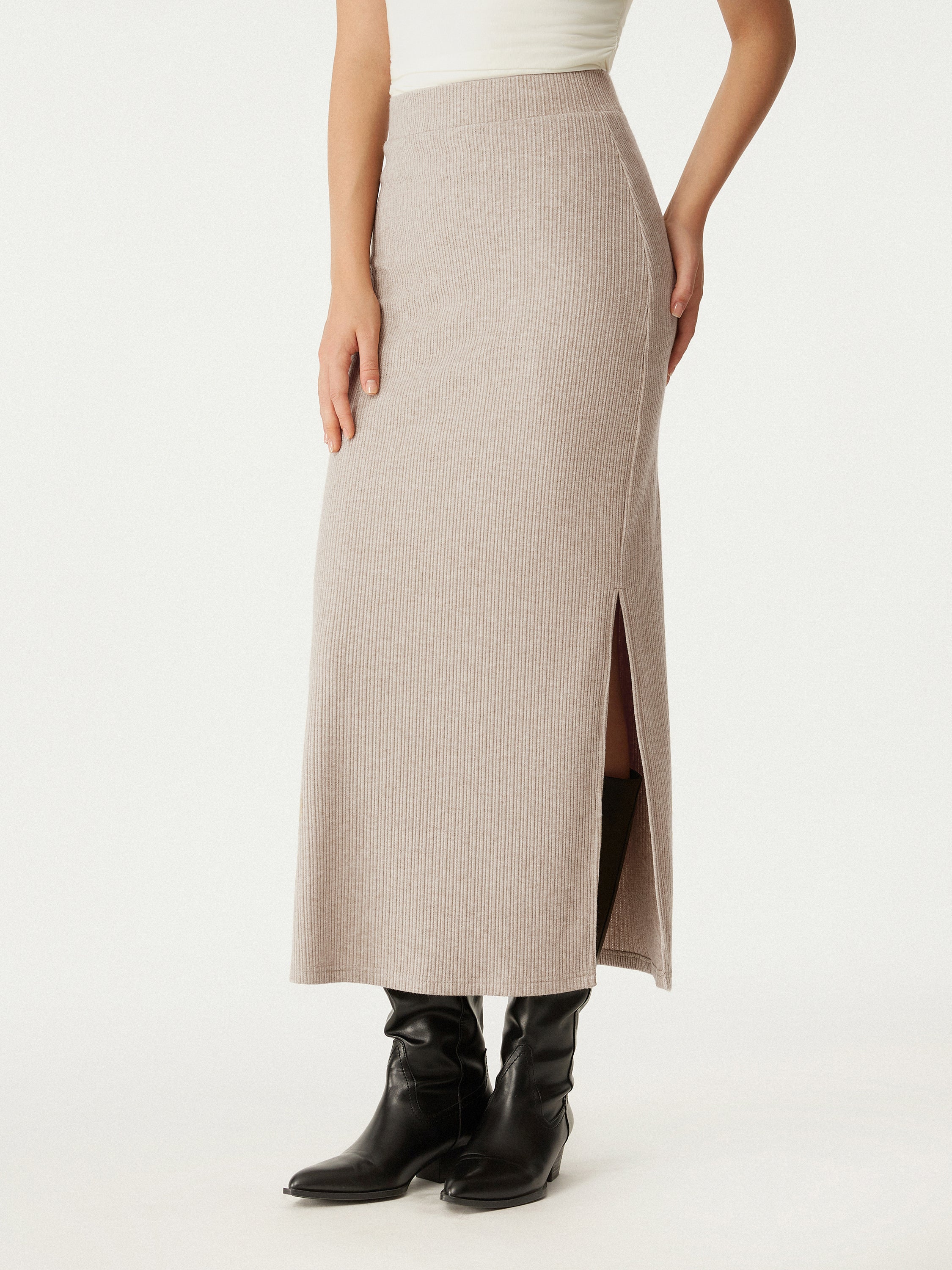 High-Waisted Split-Hem Mid-Length Skirt