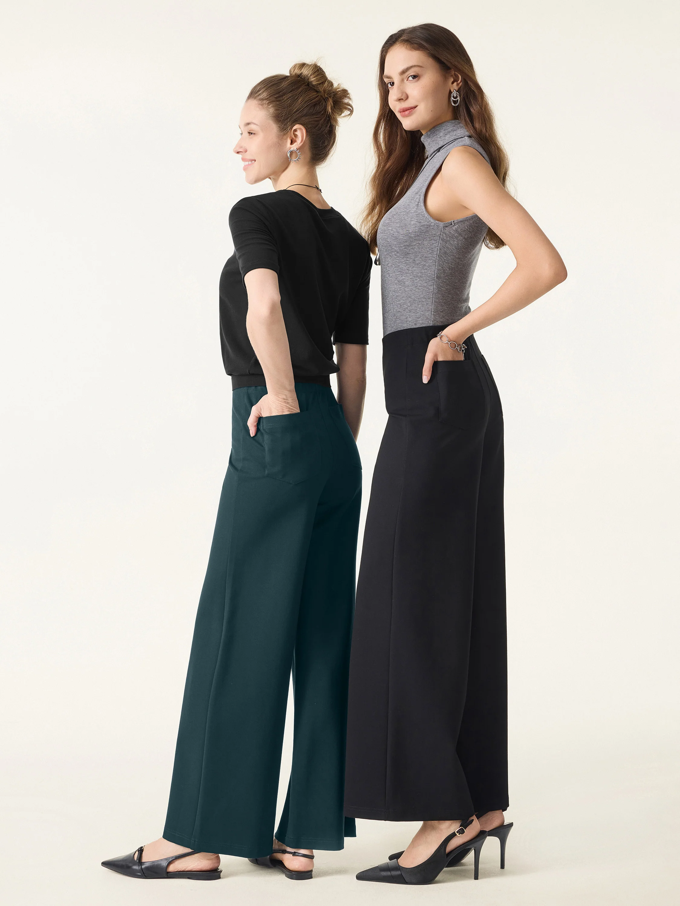 Tummy-Smooth Wide Leg Pull-on Pants with Pockets