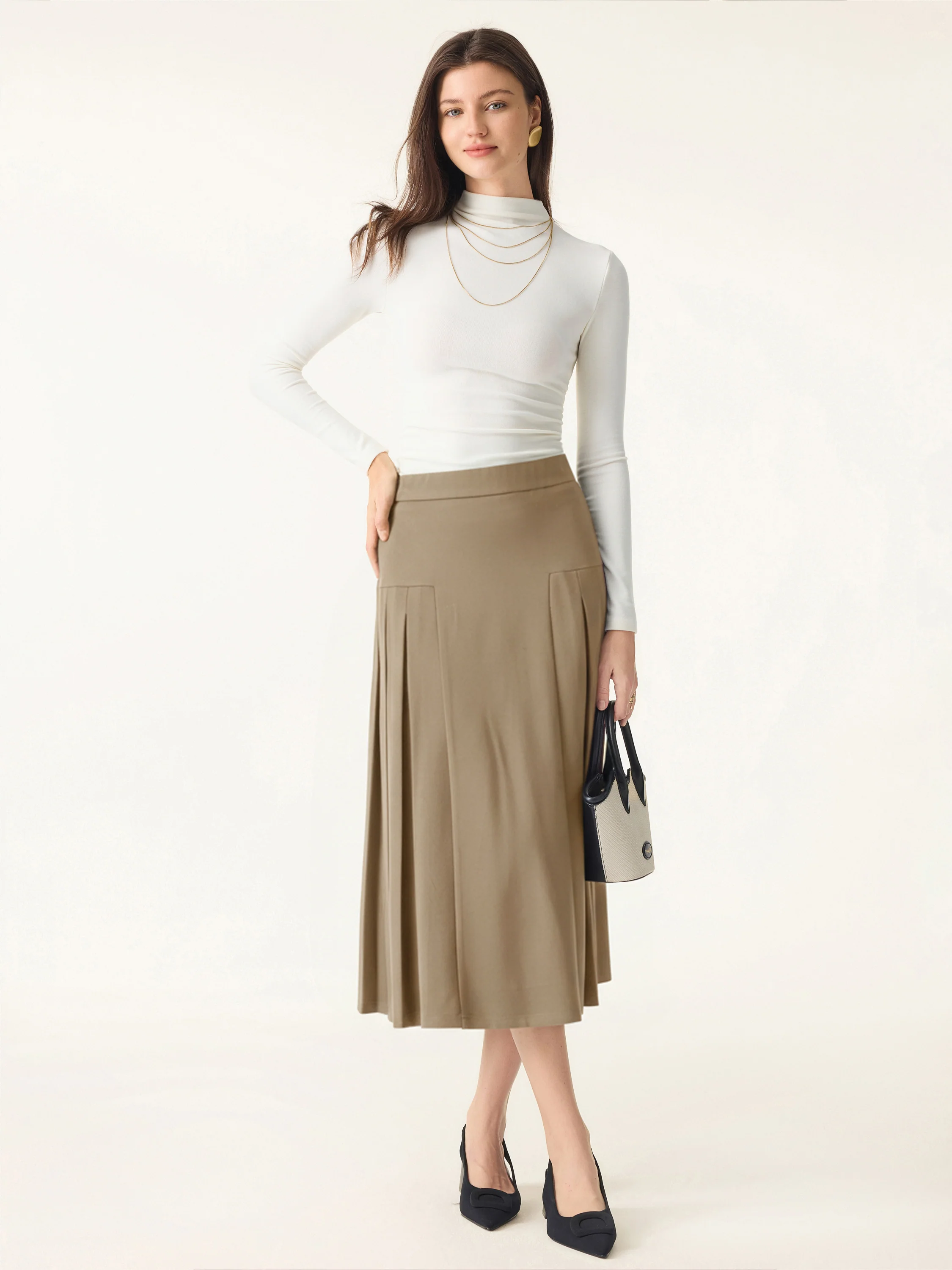 Stretch Ponte Pleated A-line Midi Fitted Skirt