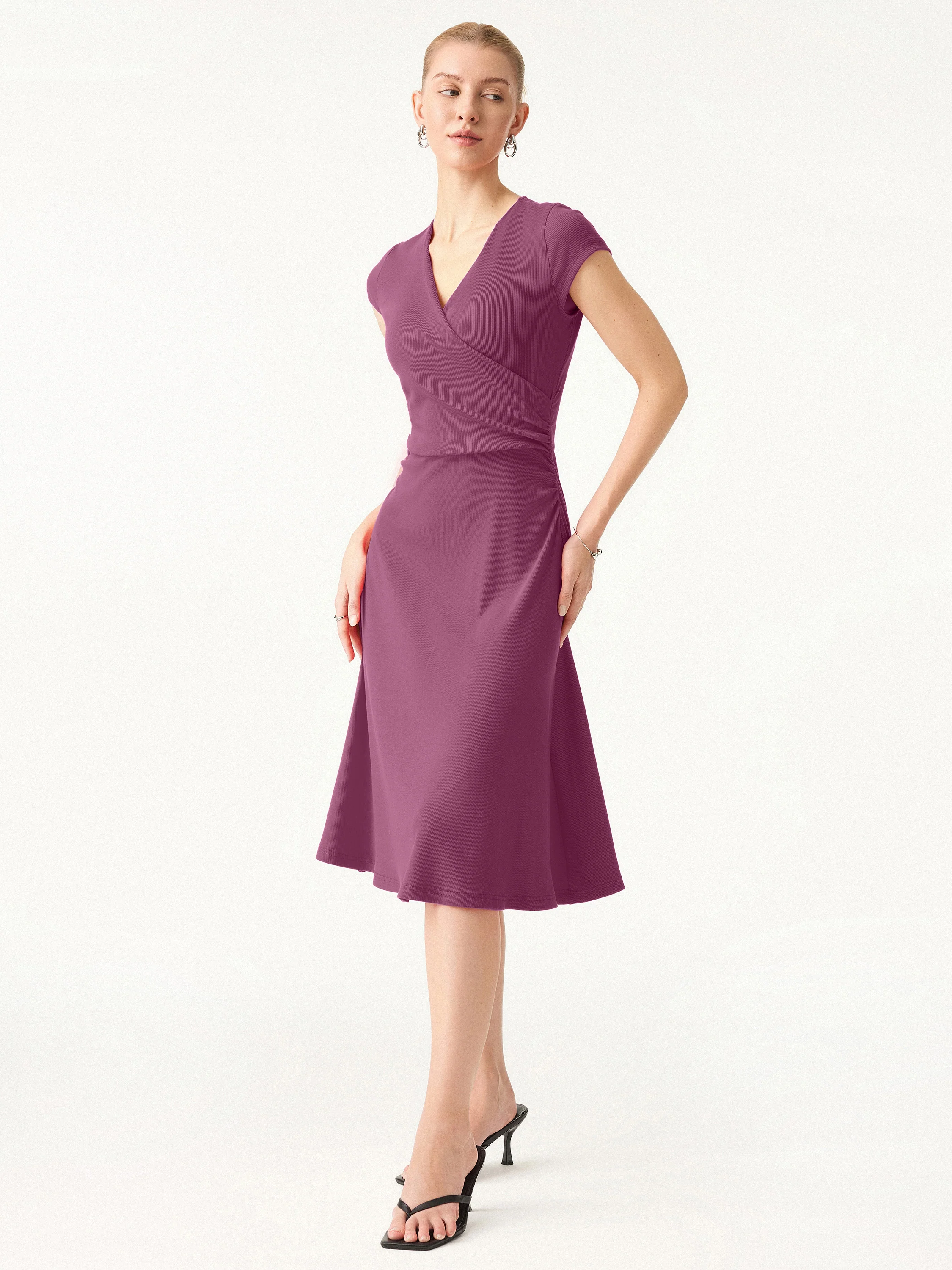 Stretch Cotton Surplice V-neck Cap Sleeve Midi Dress