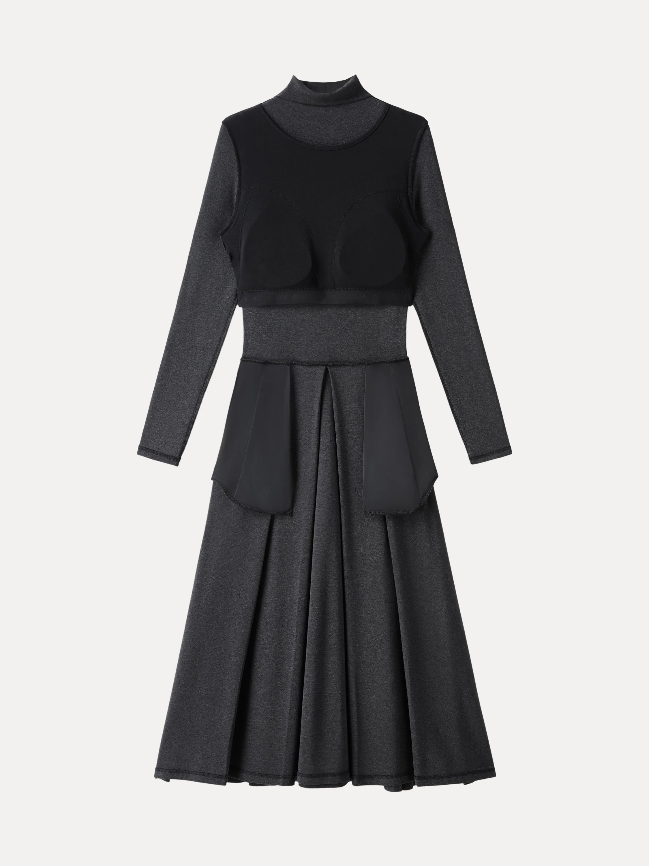 Light Warm Mockneck Pleated Midi Brami Dress with Pockets