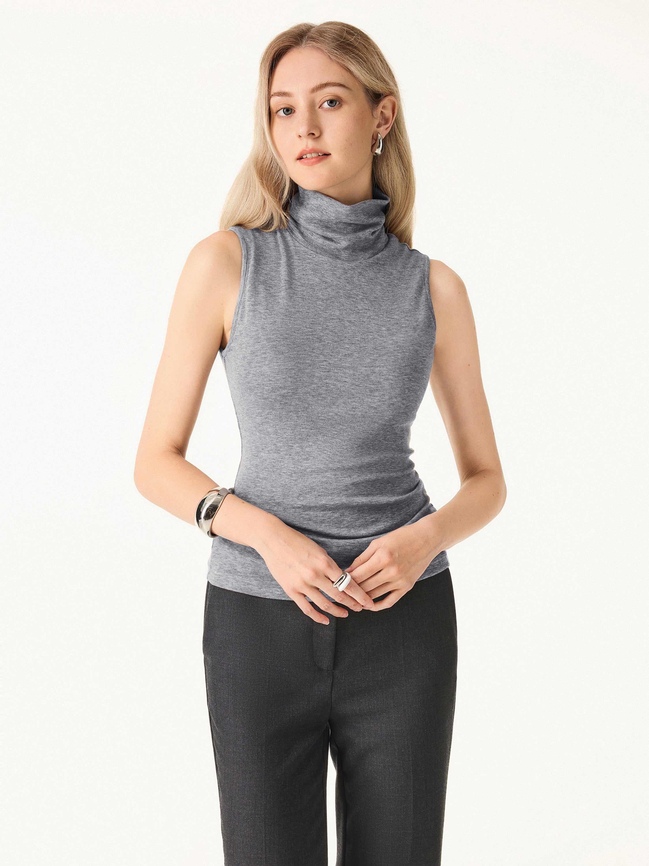 Lyocell Cashmere Sleeveless High - Neck Crop Top