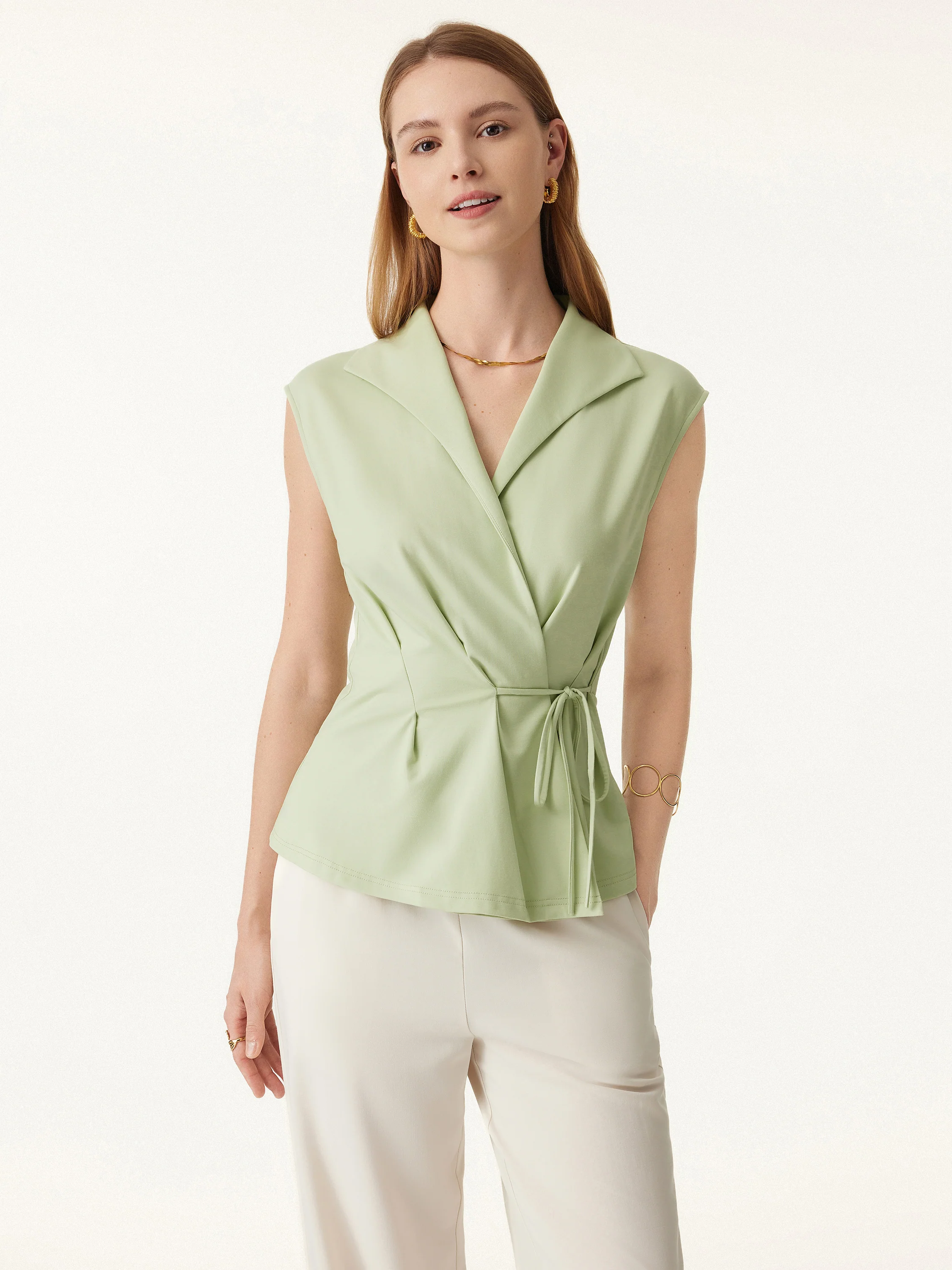 Cool Ponte Flap Collar Surplice Sleeveless Top with Drawstring Tie
