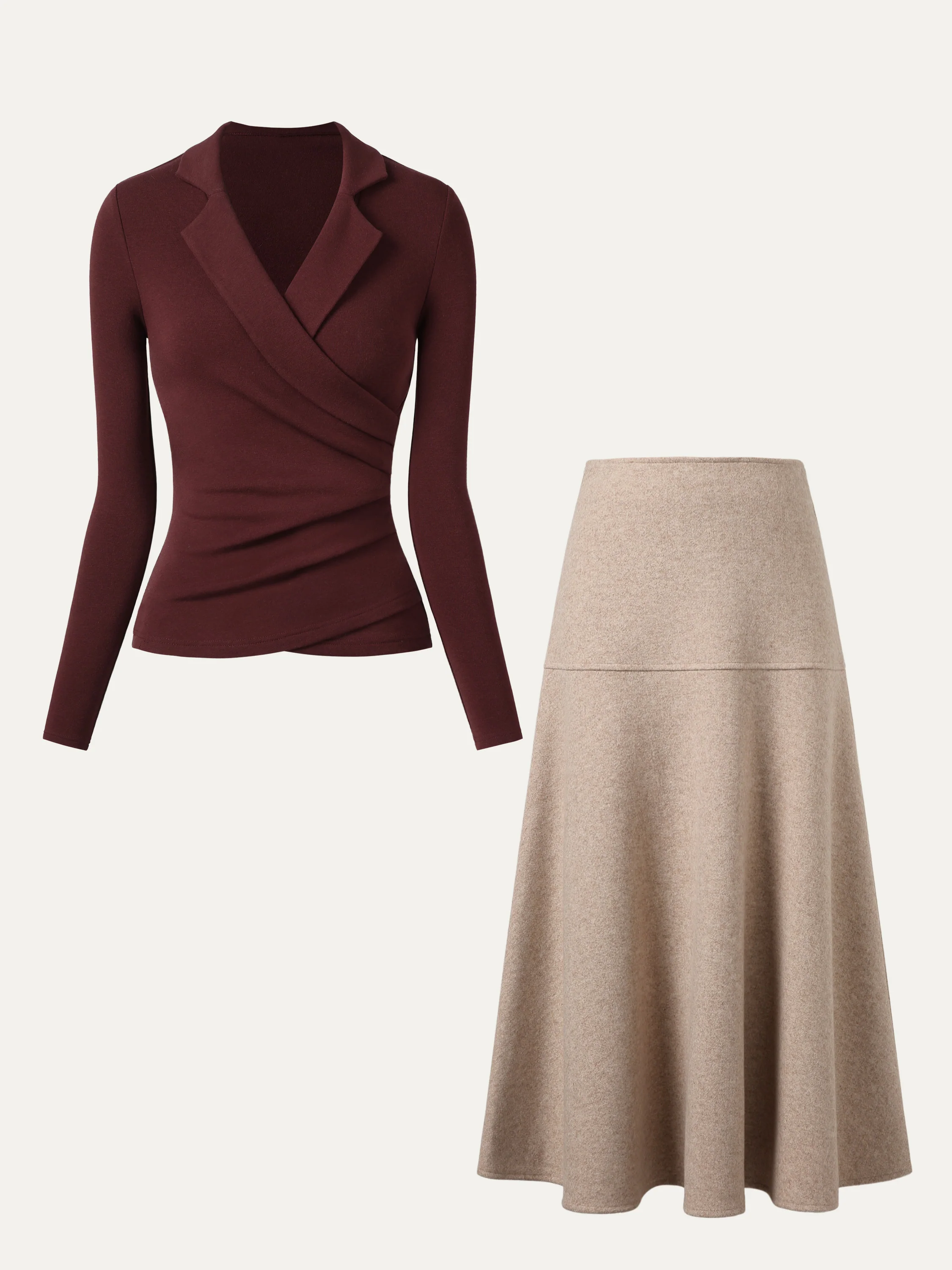 2-Piece Set: Collared Surplice Top and Flared Maxi Skirt