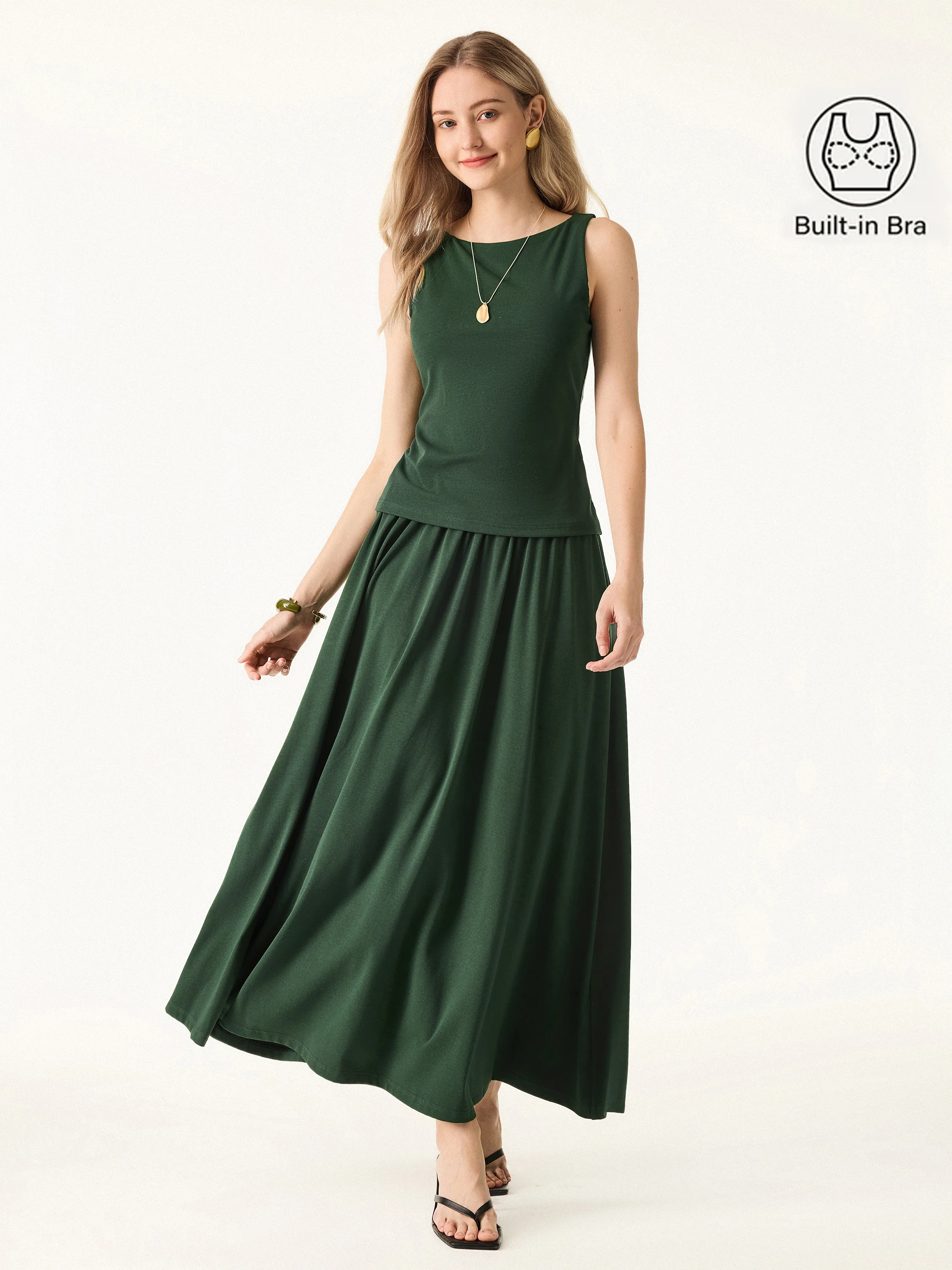 2Pcs Set Stretch Cotton Boatneck Brami Tank & Maxi Umbrella Skirt with Pockets