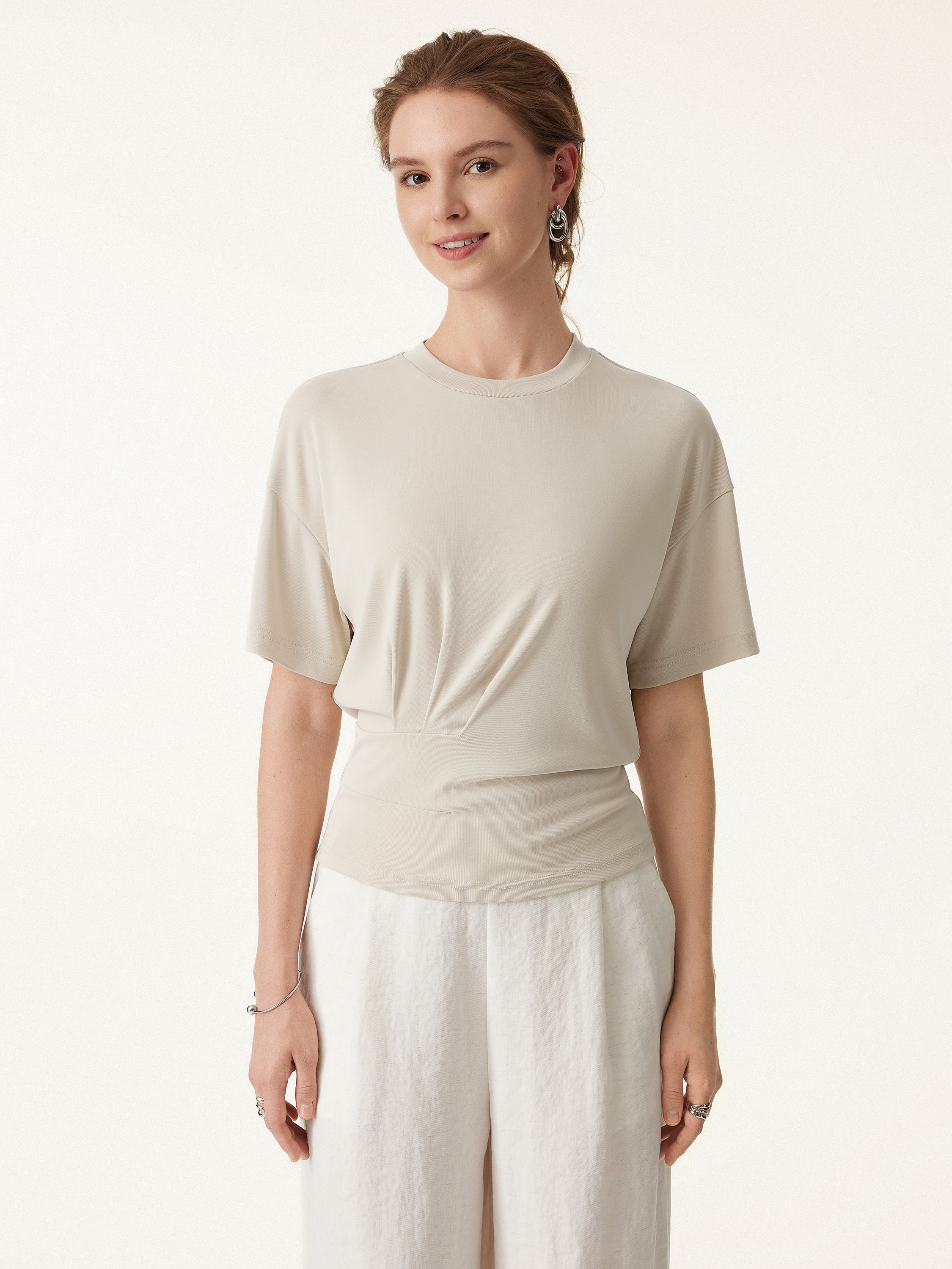 2Pcs Set Sandwashed Crewneck Tee & Mid Rise Pleated Wide Leg Pants with Pockets