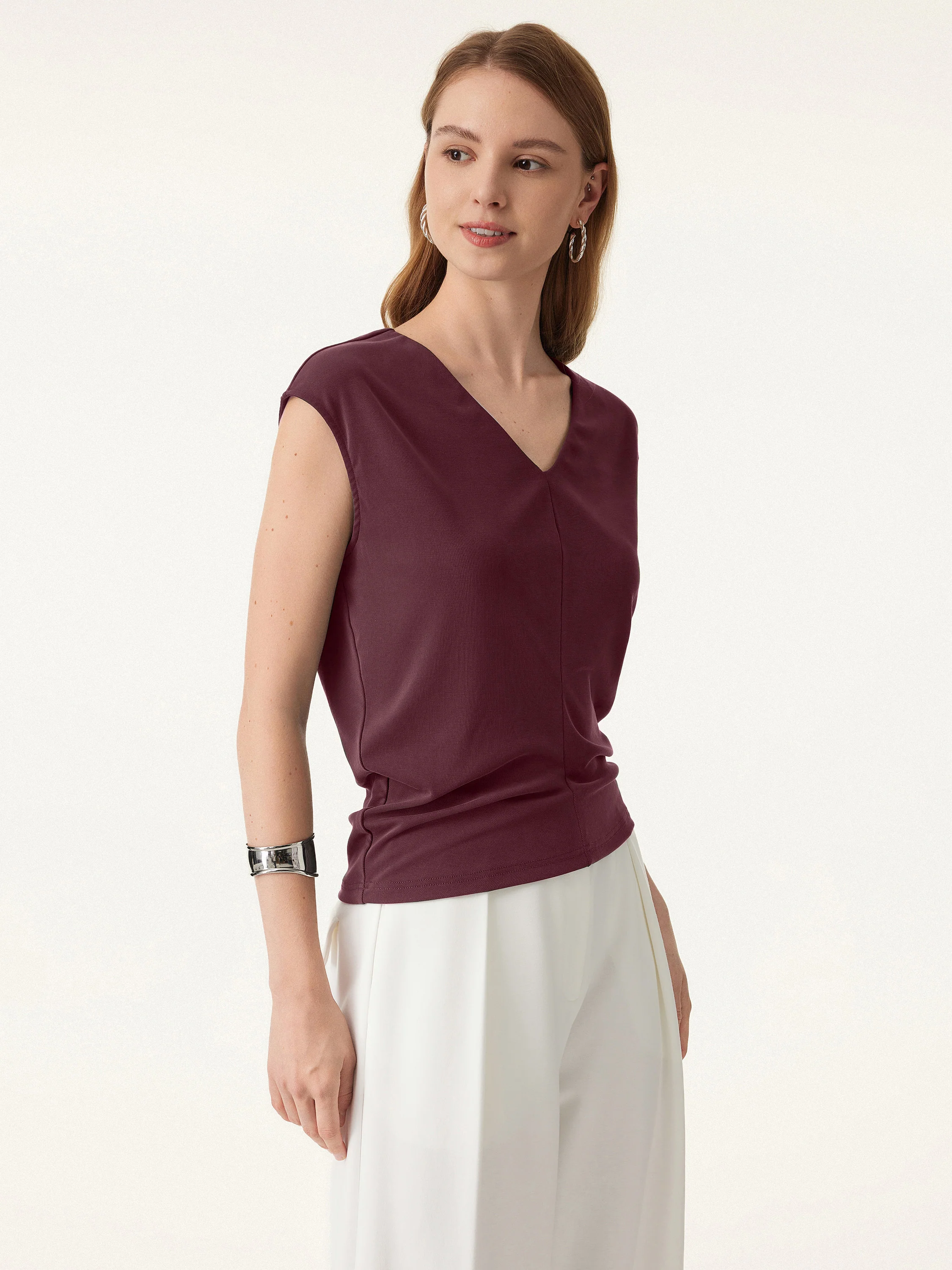 Sandwashed V-neck Cap Sleeve Top