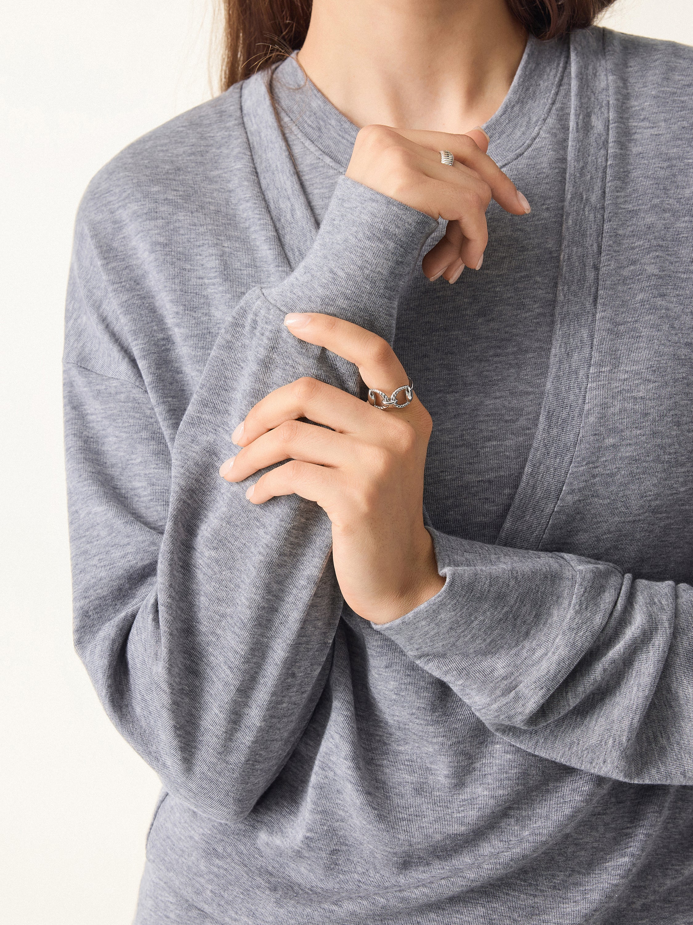 2Pcs Set Lyocell Cashmere V-neck Drop Shoulder Top & Crew Neck Wide Shoulder Brami