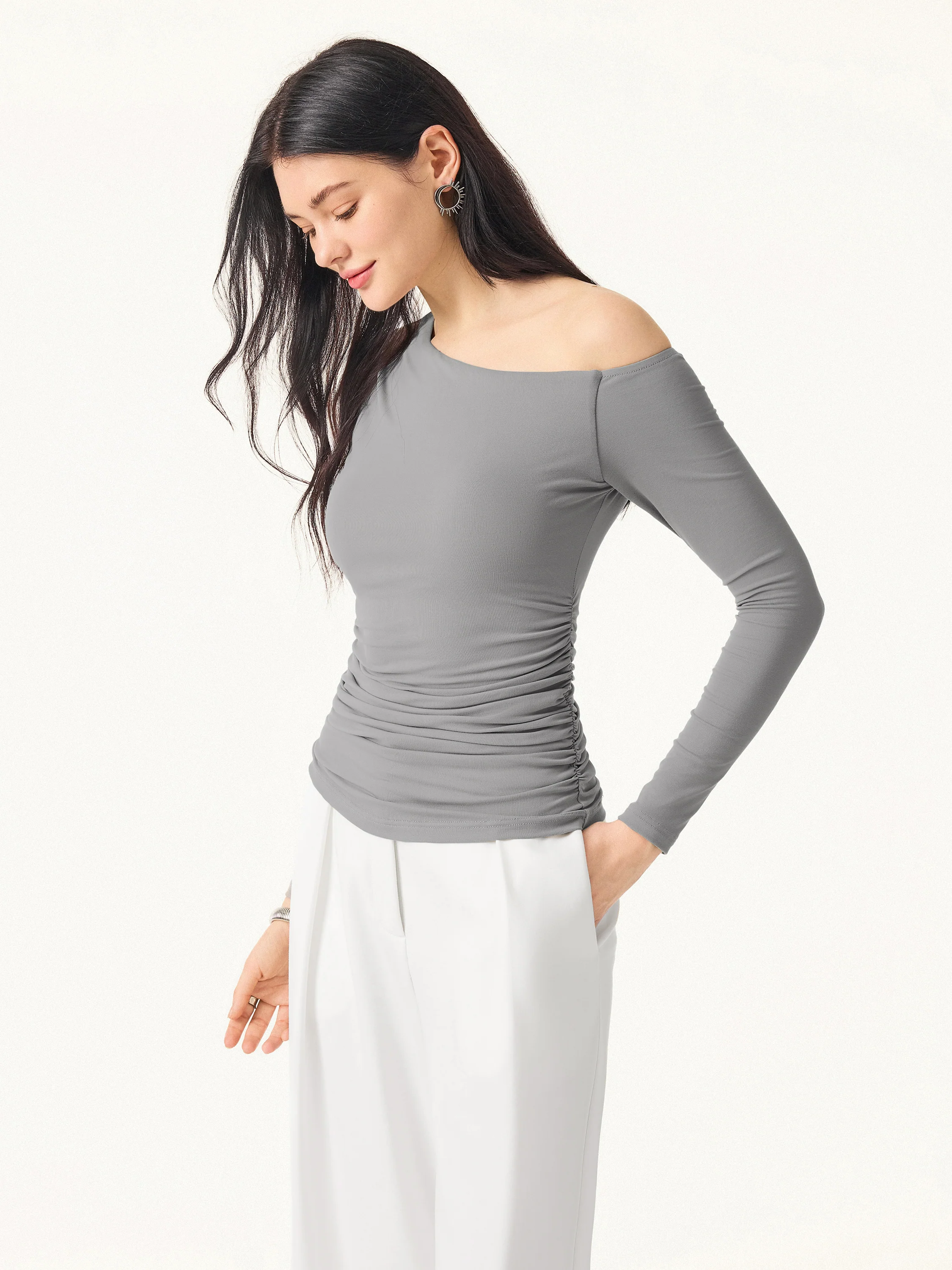 Asymmetrical Shoulders Long Sleeve Gathered Brami Top