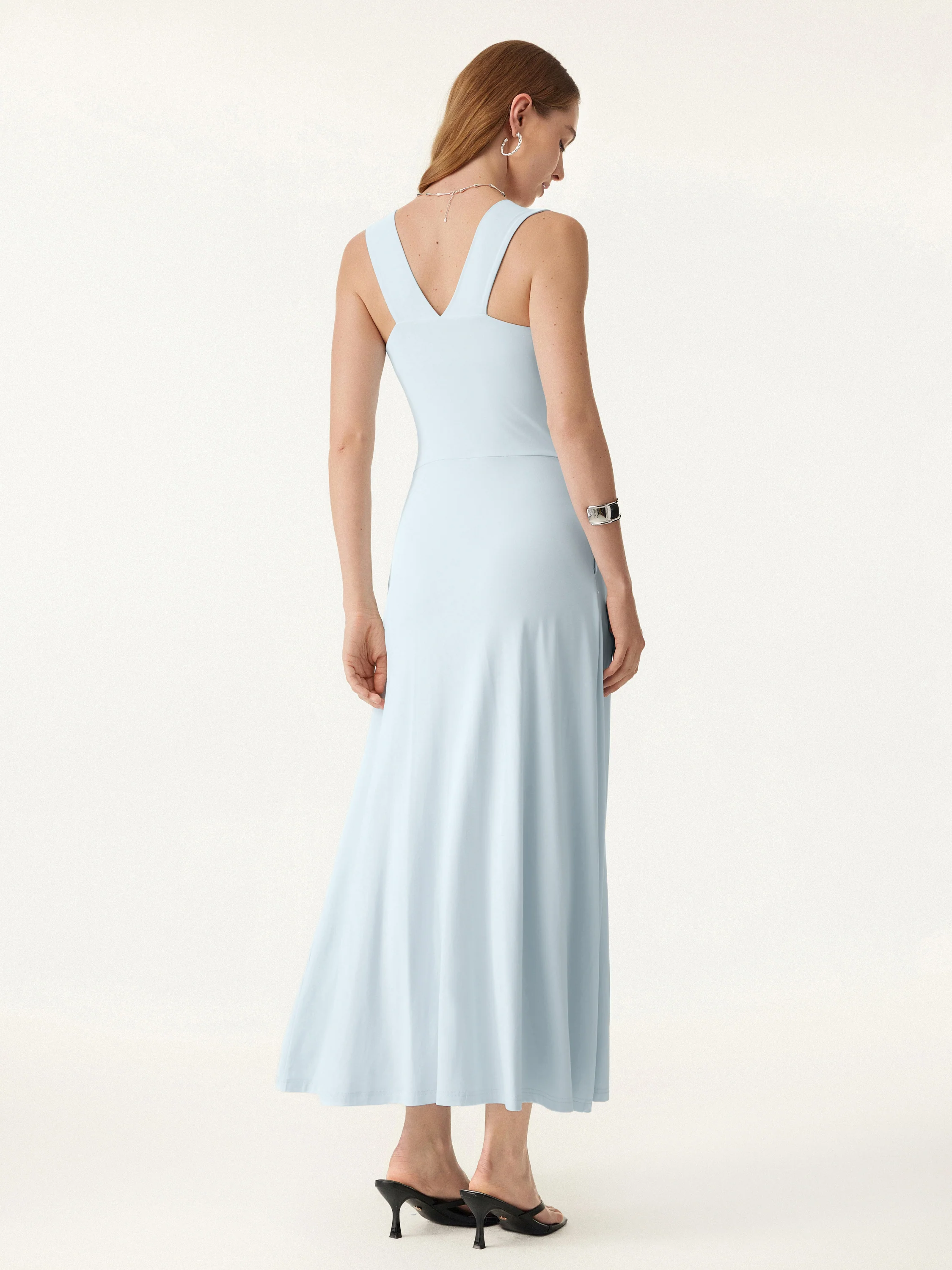 Flowy Square Neck Wide Straps Midi Brami Dress with Pockets