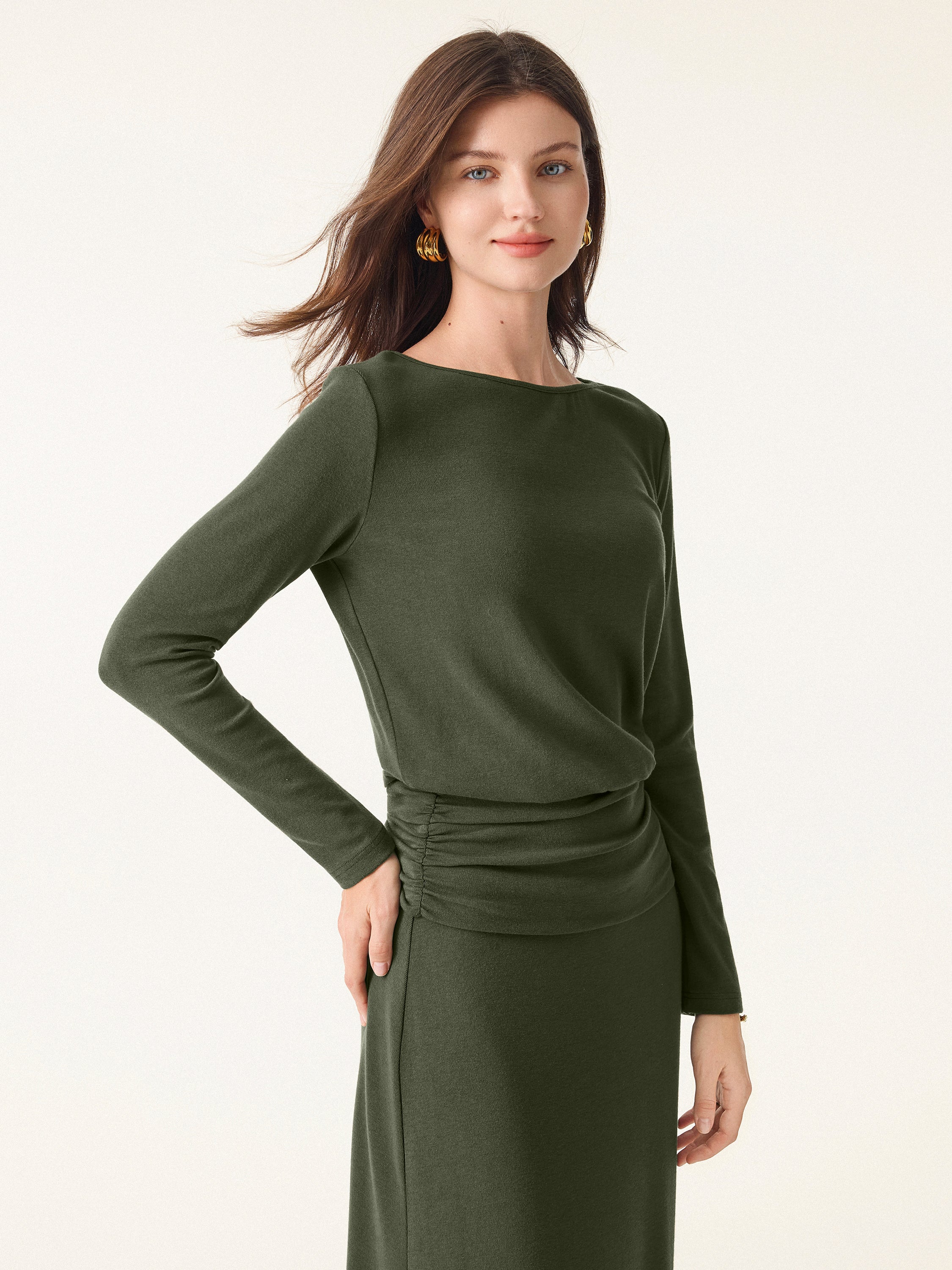 2Pcs Set Light Warm Round Neck Side Ruched Top & Pull-on Circle Flared Maxi Skirt