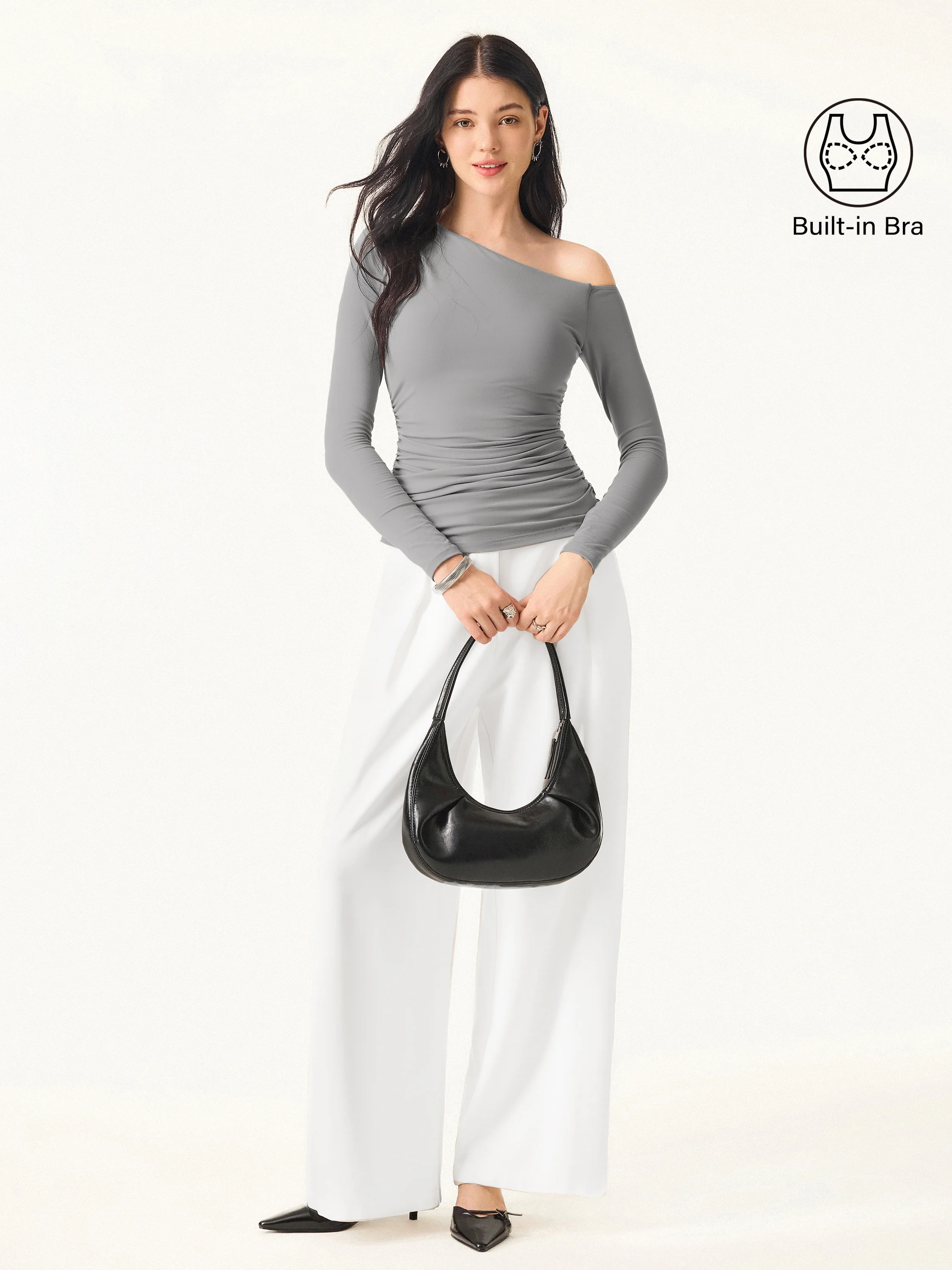 Asymmetrical Shoulders Long Sleeve Gathered Brami Top