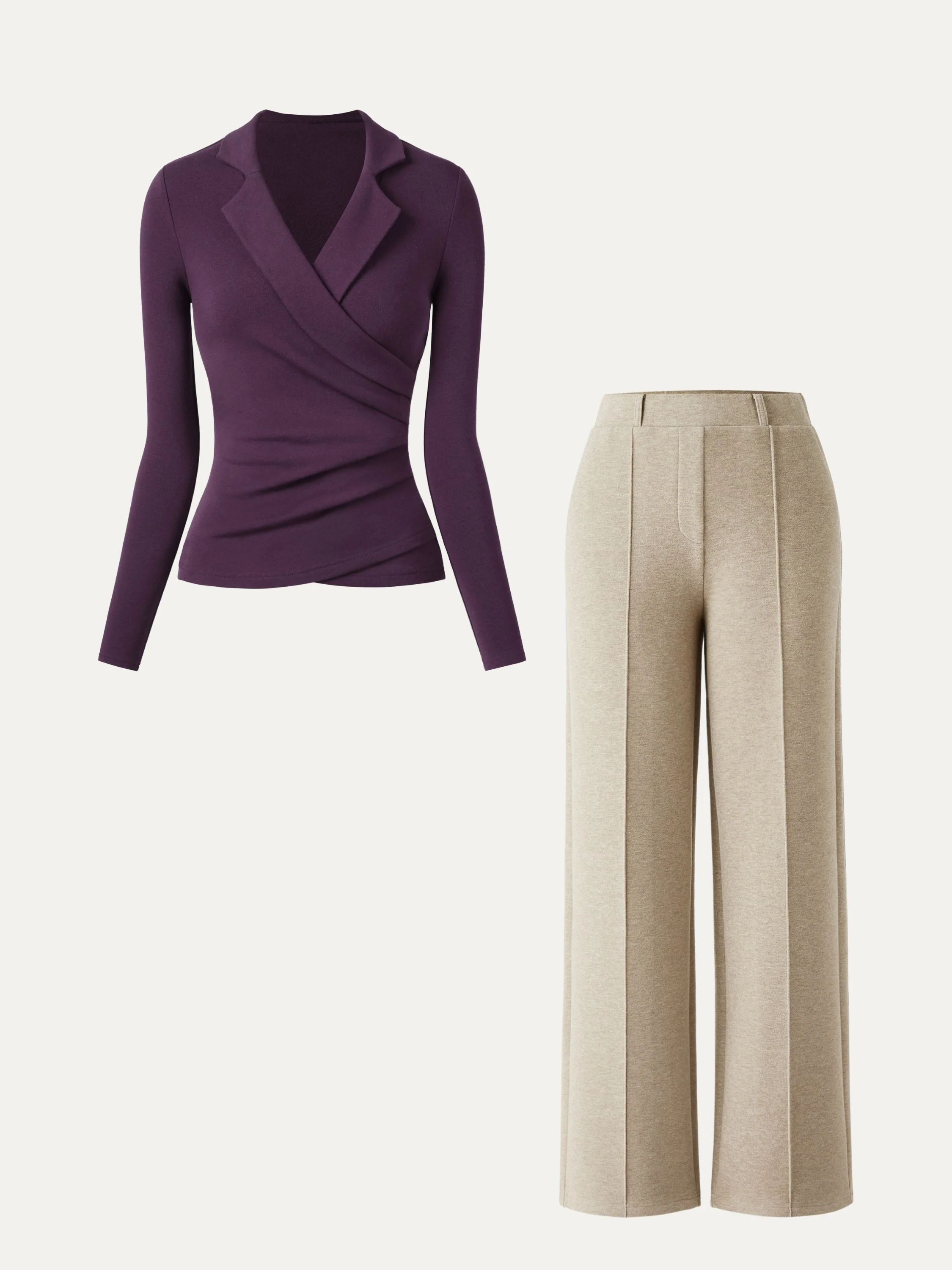 2Pcs Set Collared Surplice Top & High Waisted Straight Leg Pull On Pant