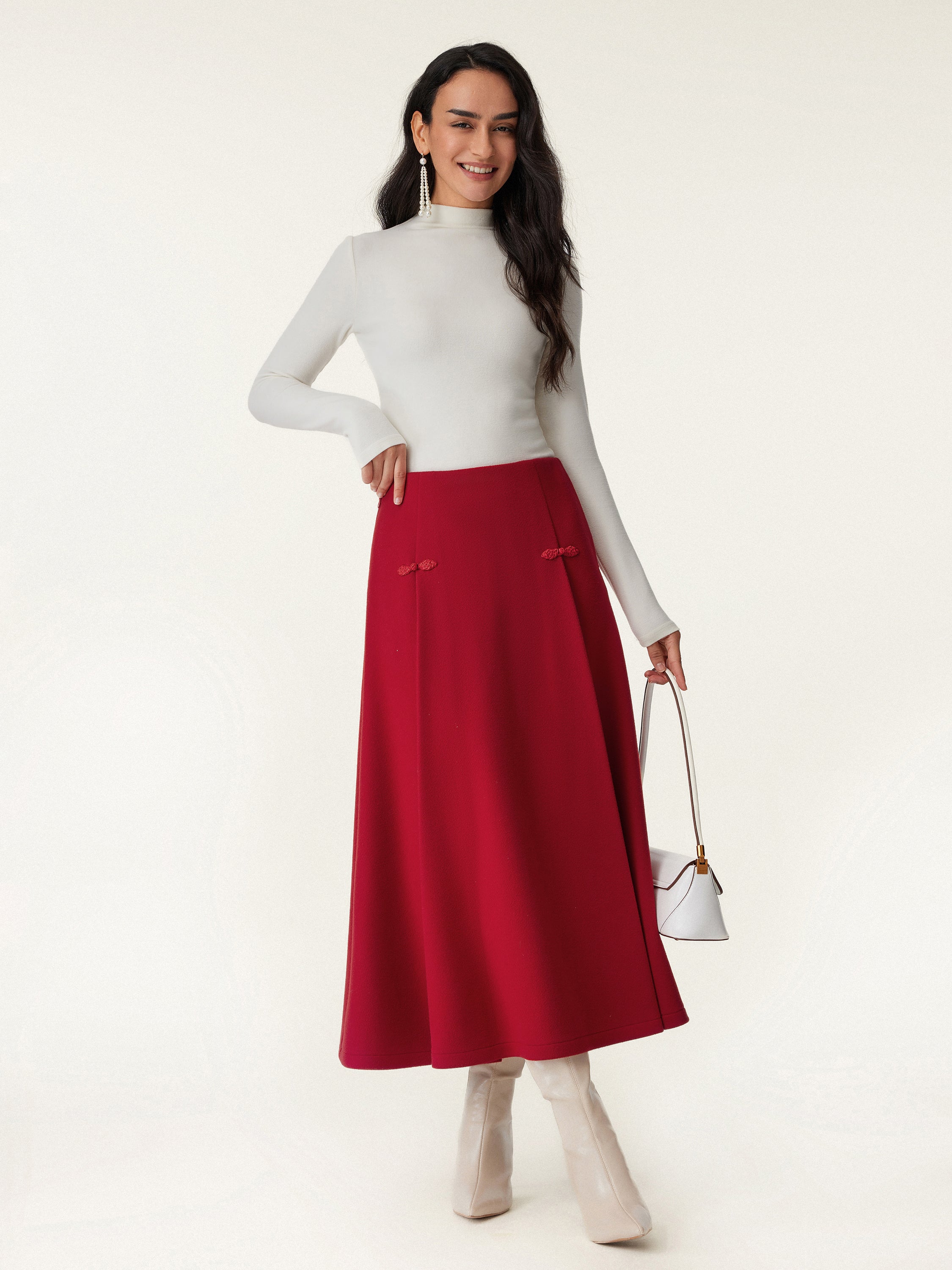 Wool-like Frog Button A-Line Midi Skirt